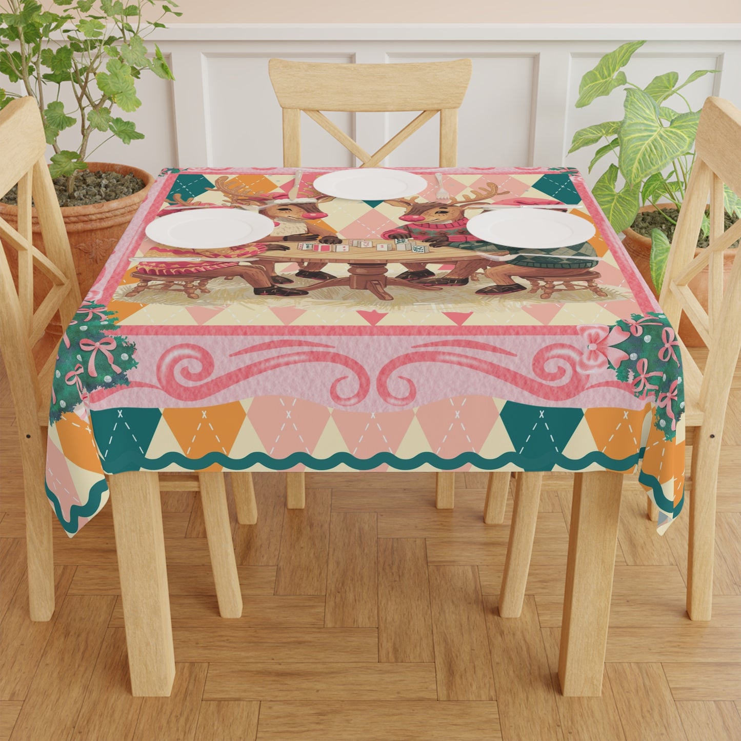 Mahjong Lover Reindeer Tablecloth, Festive Holiday Argyle Pastel Design - Splash of Color Co.