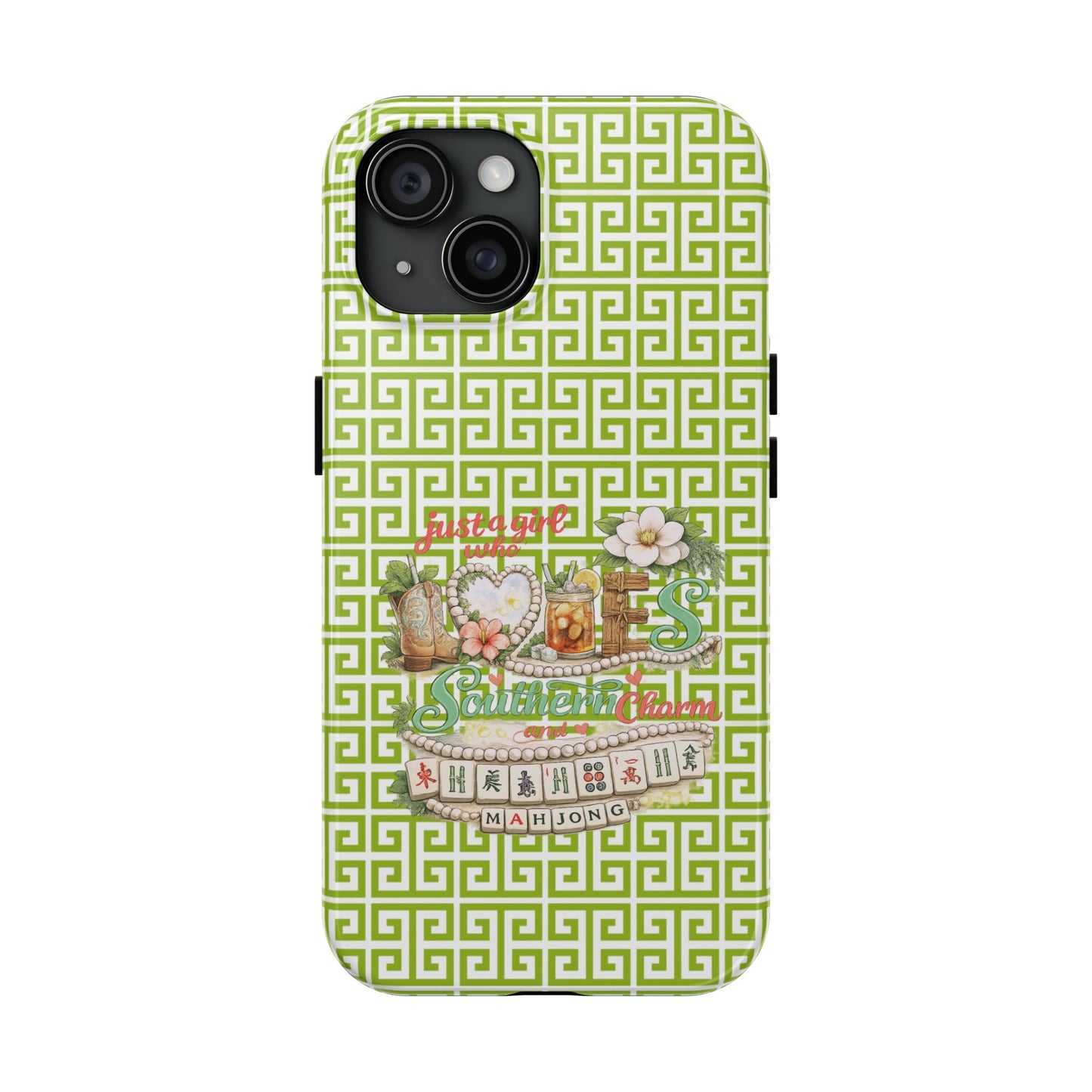 Mahjong Floral Pattern Just A Girl Who Loves Southern Charm and Mahjong Phone Case | Green Geometric Background - Splash of Color Co.