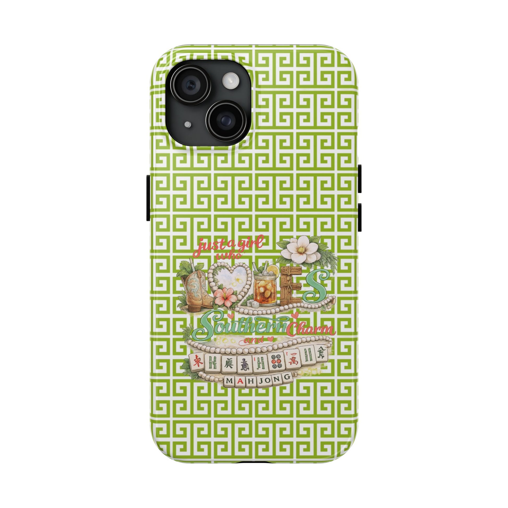 Mahjong Floral Pattern Just A Girl Who Loves Southern Charm and Mahjong Phone Case | Green Geometric Background - Splash of Color Co.