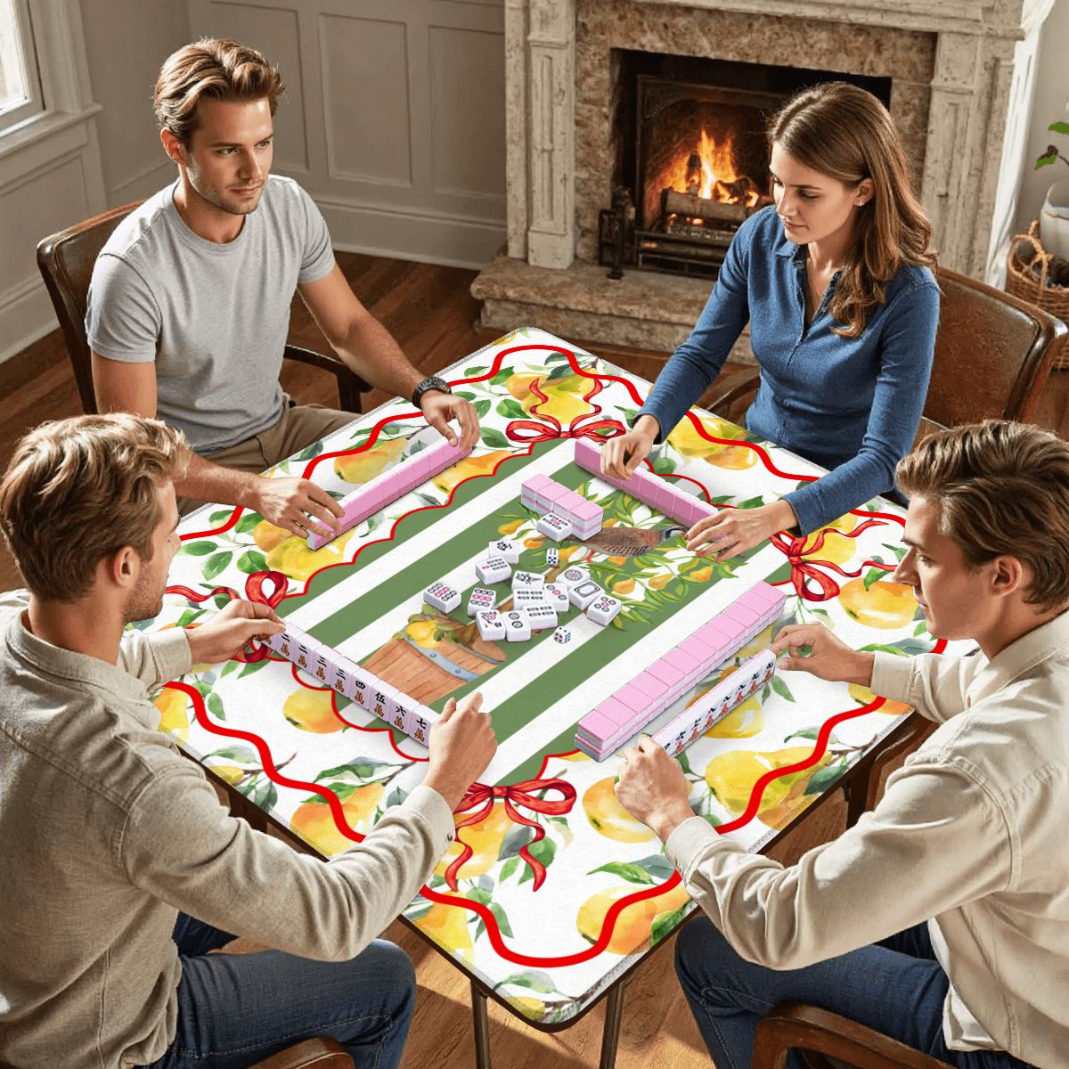 Mahjong Christmas Mat, Partridge In A Pear Tree, Watercolor Lemons, Green Preppy Striped - Splash of Color Co.