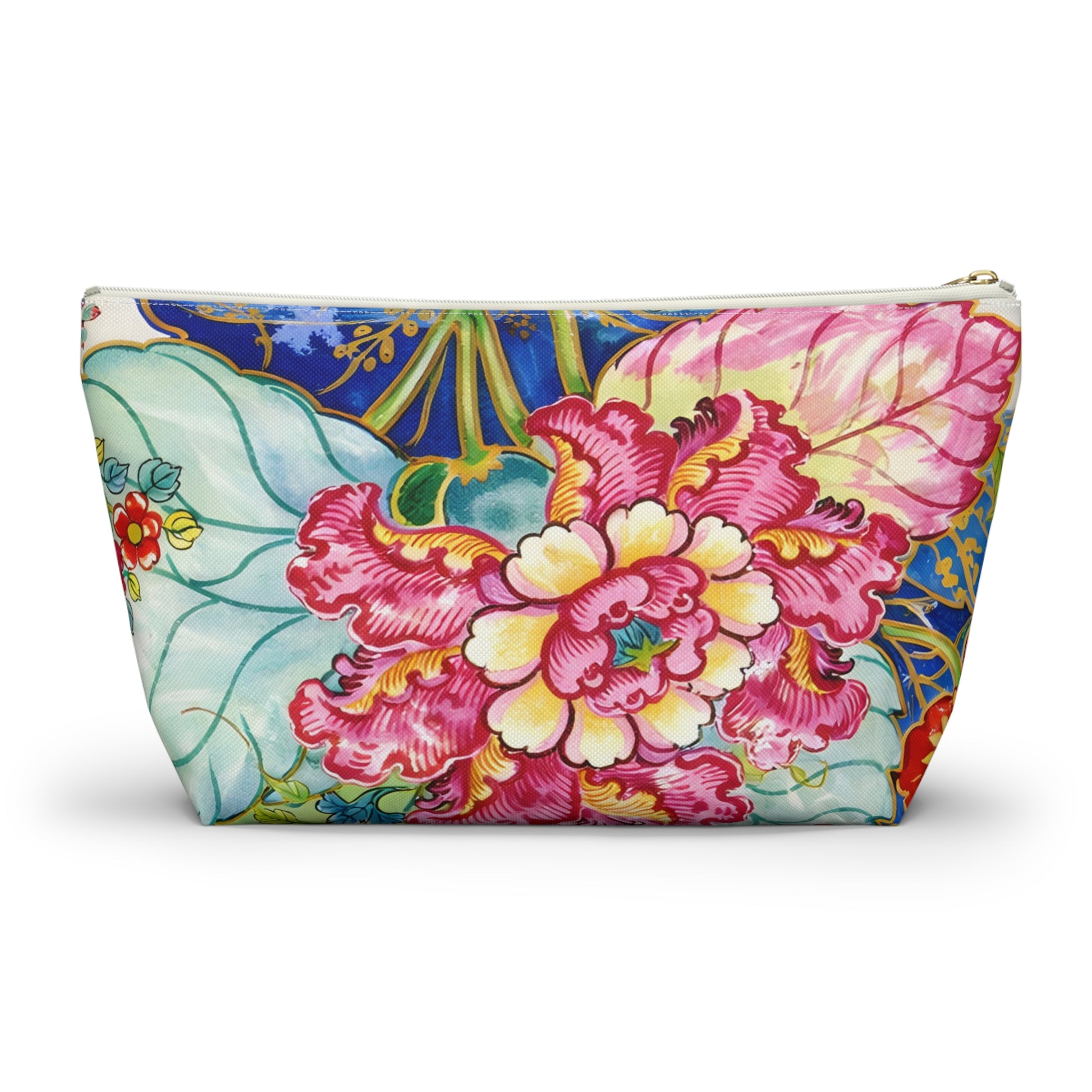 Tobacco Leaf Floral Bird Accessory Pouch — Chinoiserie Mahjong Tile Bag with T‑Bottom - Splash of Color Co.