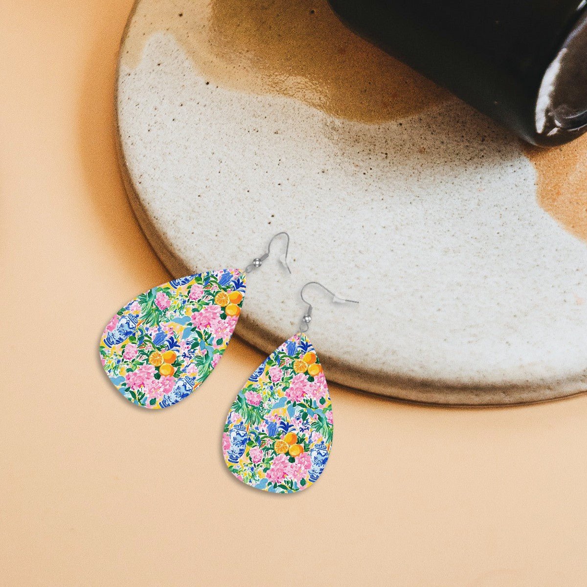 Pretty Preppy Chinoiserie Pastel Tropical Leather Teardrop Earrings - Splash of Color Co.