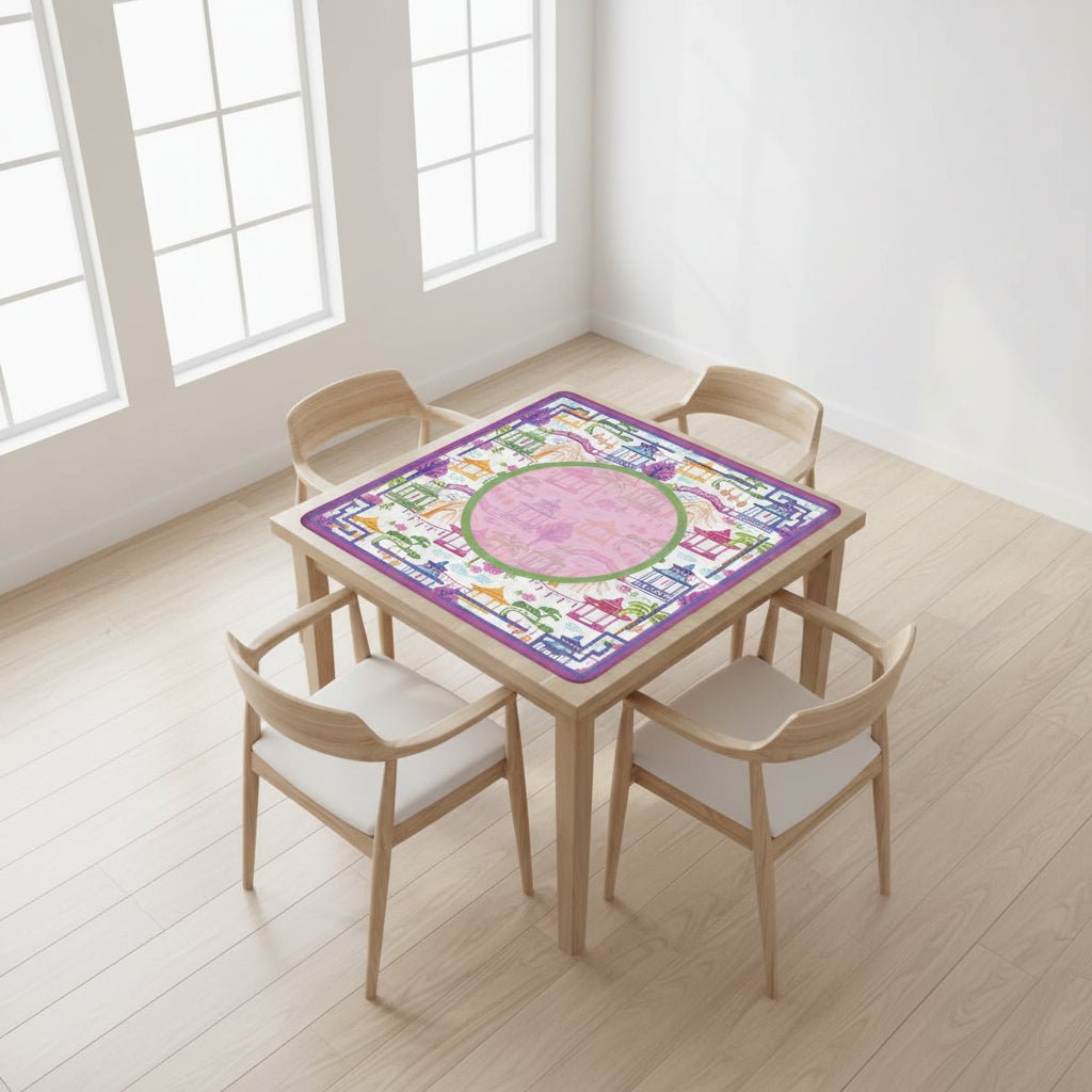 Asian Chinoiserie Gardens, Pagoda, Lantern Lavender And Blue Mahjong Mat - Splash of Color Co.