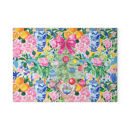Christmas Chinoiserie Floral Festive Floral Glass Cutting Board - Holiday Kitchen Decor - Splash of Color Co.