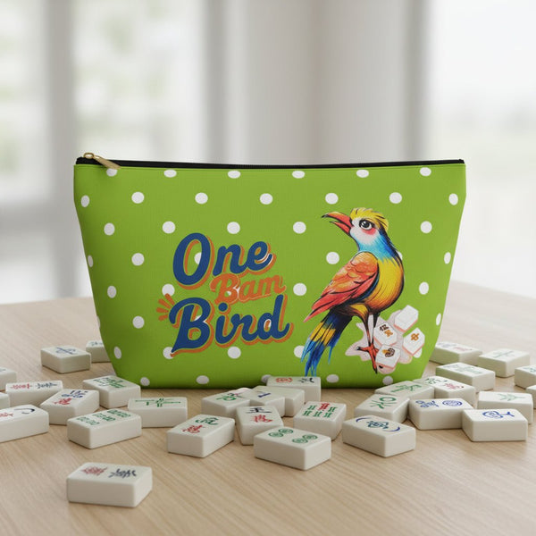 Whimsical Mahjong Tile Tote Pouch, Green Citrus Polka Dot One Bam Bird Colorful Bird Mahj Gift - Splash of Color Co.