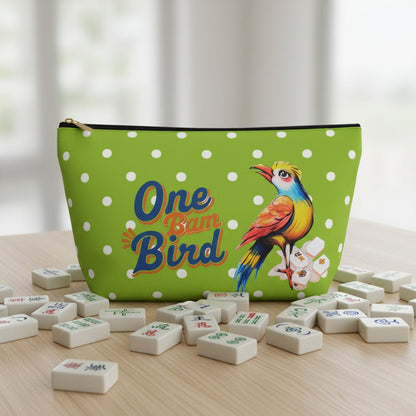 Whimsical Mahjong Tile Tote Pouch, Green Citrus Polka Dot One Bam Bird Colorful Bird Mahj Gift - Splash of Color Co.