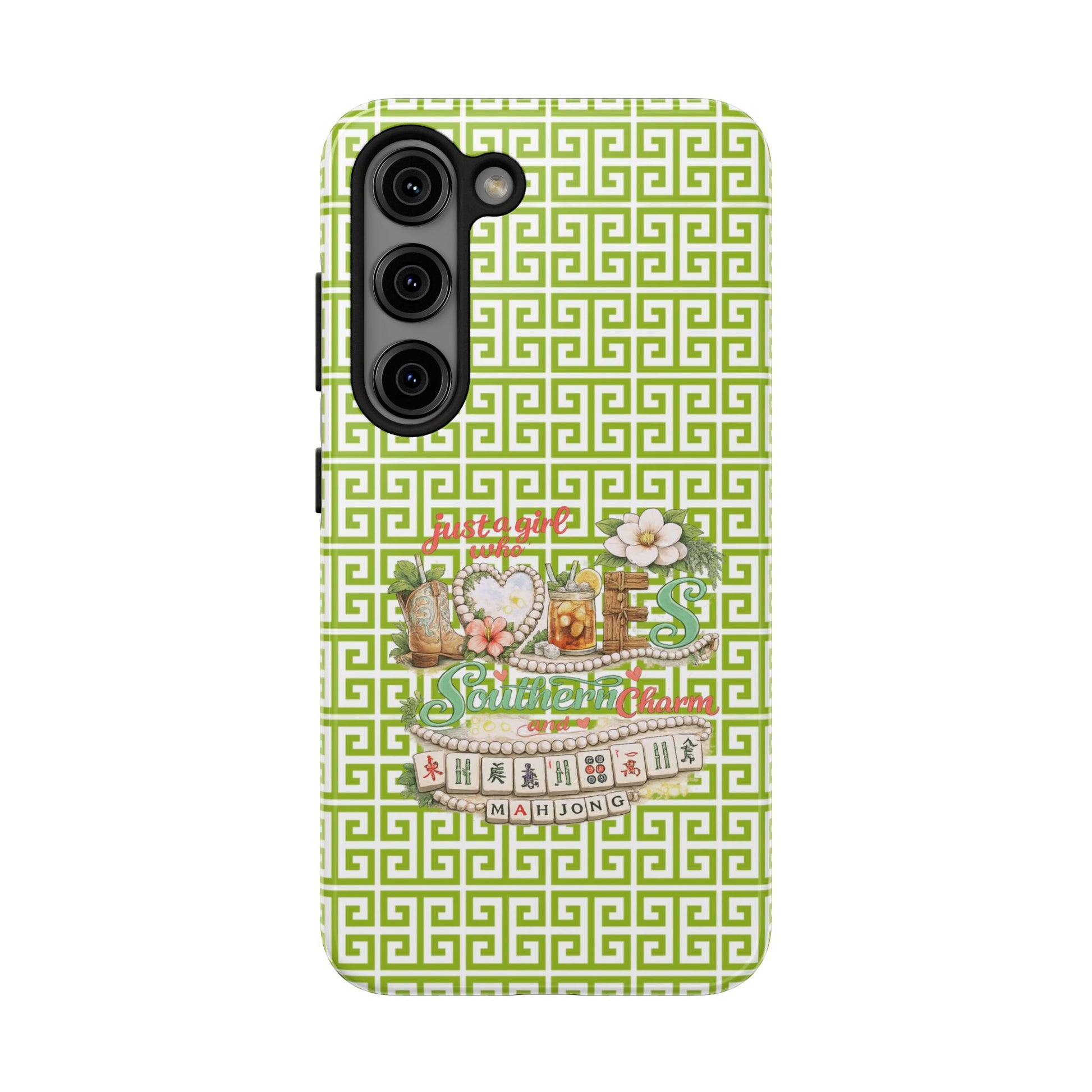 Mahjong Floral Pattern Just A Girl Who Loves Southern Charm and Mahjong Phone Case | Green Geometric Background - Splash of Color Co.