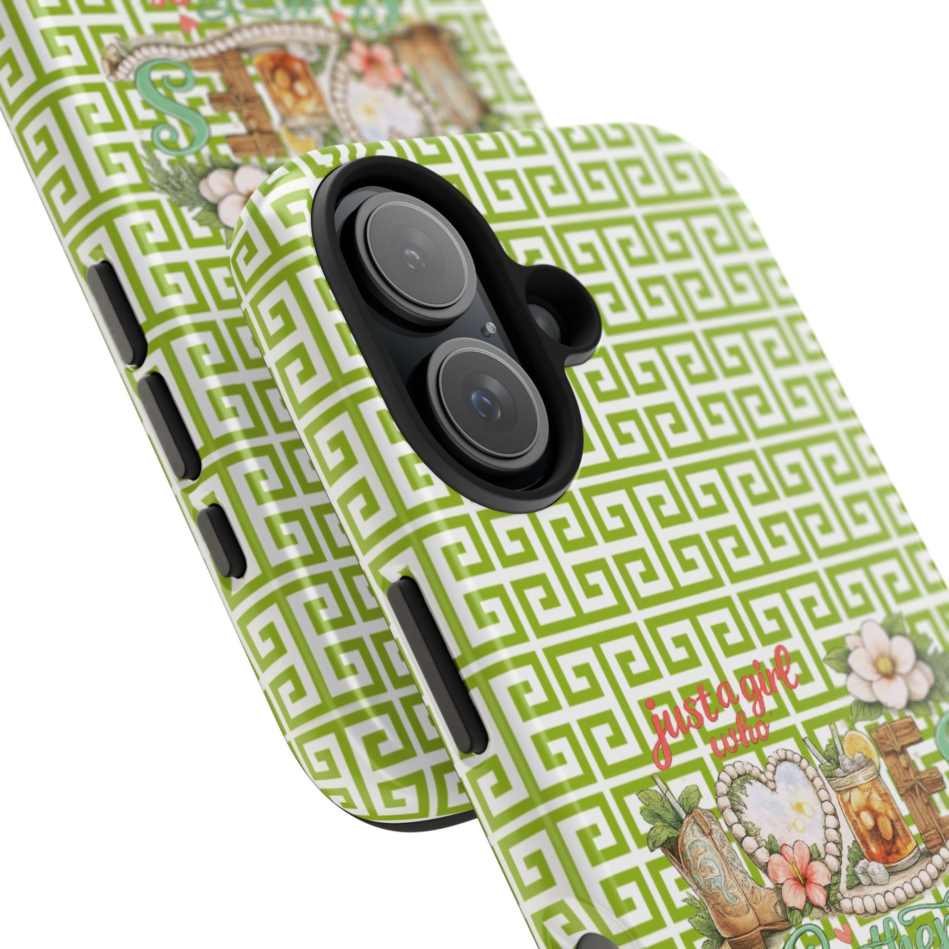 Mahjong Floral Pattern Just A Girl Who Loves Southern Charm and Mahjong Phone Case | Green Geometric Background - Splash of Color Co.