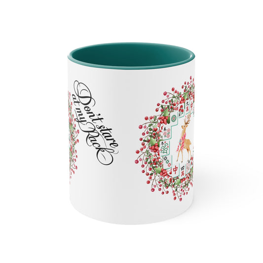 Funny Mahjong Christmas Mug, Don't Stare At My Rack, Mahj Tiles, Reindeer, Festive Mahj Mug for Holiday Cheer - 11oz Accent Mug, Gift for