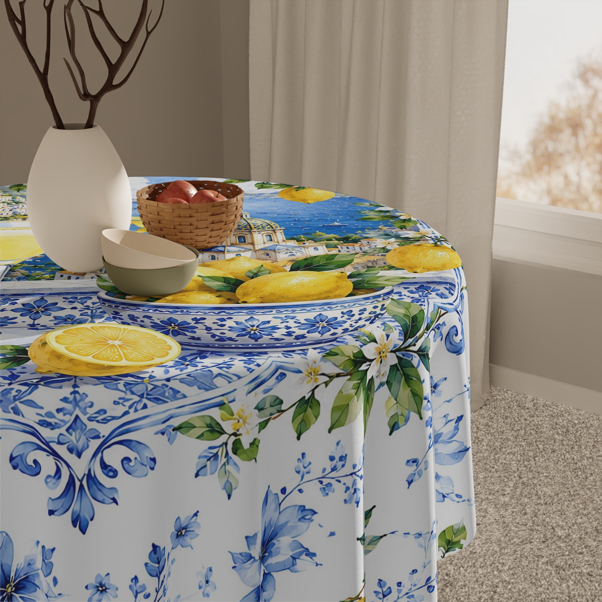 Lemondrops On The Amalfi Coast Tablecloth — Mediterranean Lemon & Blue Floral Table Linen - Splash Of Mahj And Color Co.