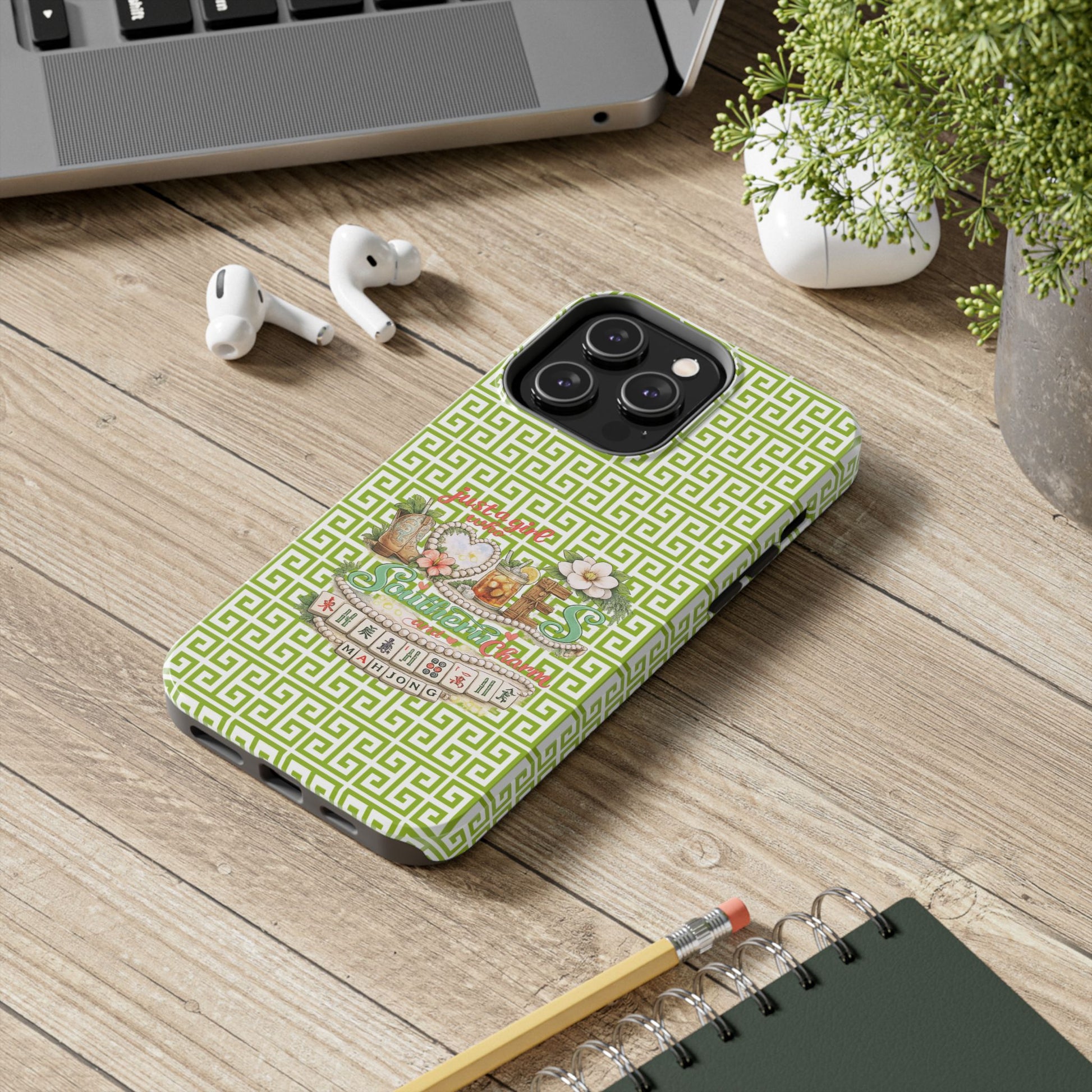 Mahjong Floral Pattern Just A Girl Who Loves Southern Charm and Mahjong Phone Case | Green Geometric Background - Splash of Color Co.