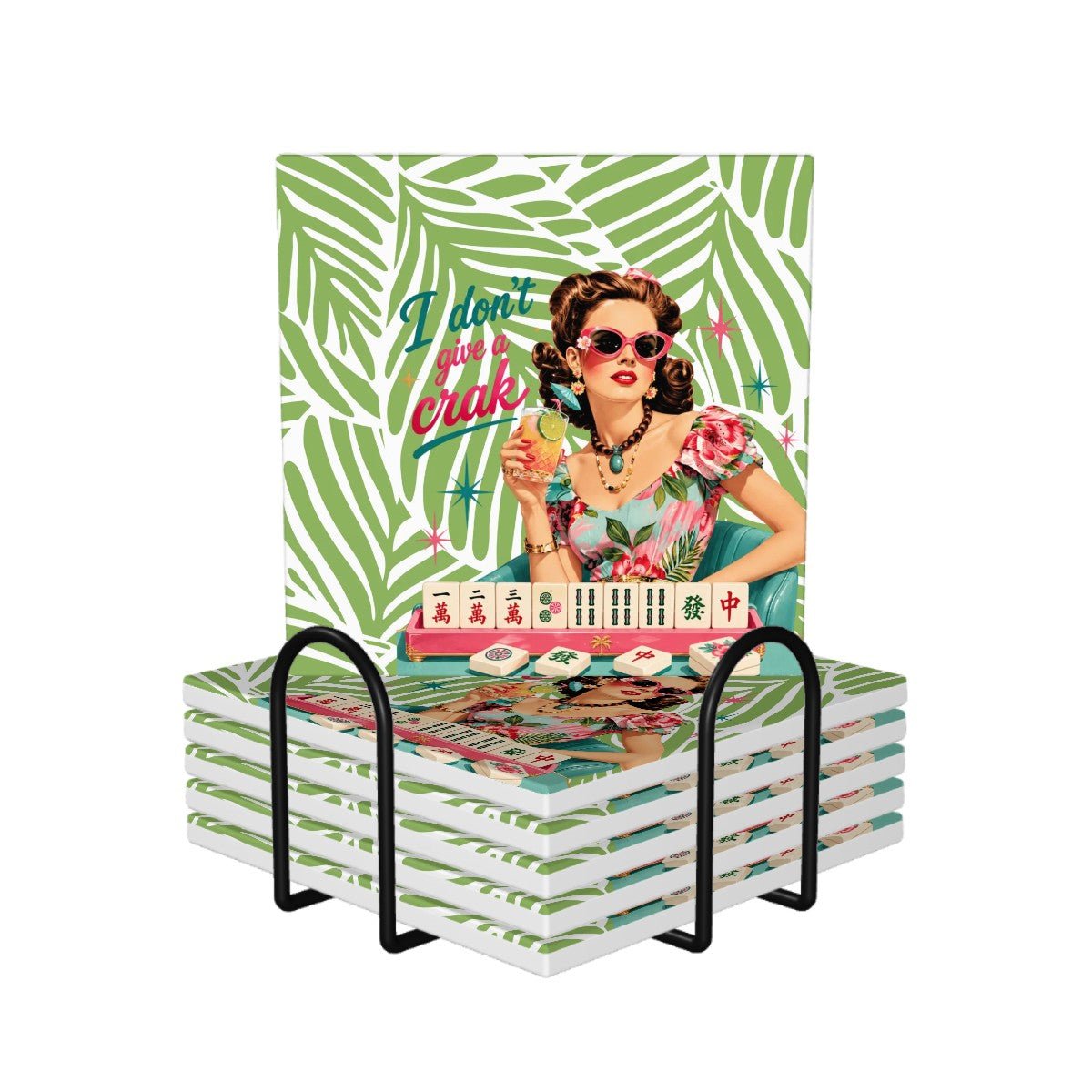 I Don't Give A Crak Mahjong Square Ceramic Coasters 6 pcs - Splash Of Mahj And Color Co.
