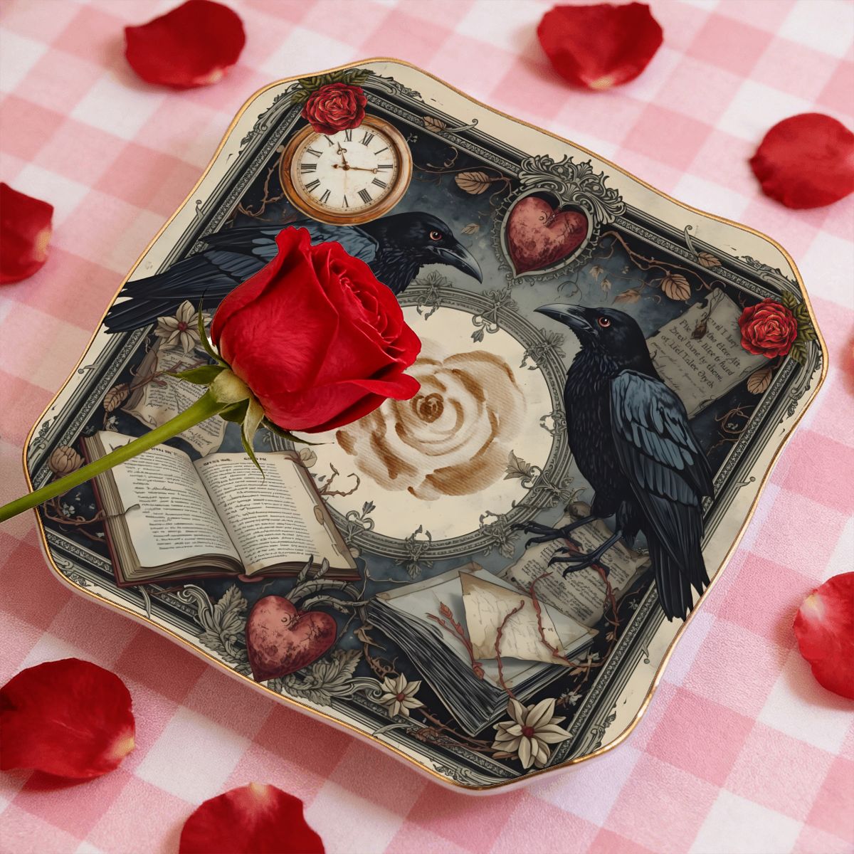 Edgar Allen Poe Raven Scalloped Ceramic Mahjong Dice Tray