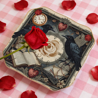 Edgar Allen Poe Raven Scalloped Ceramic Mahjong Dice Tray