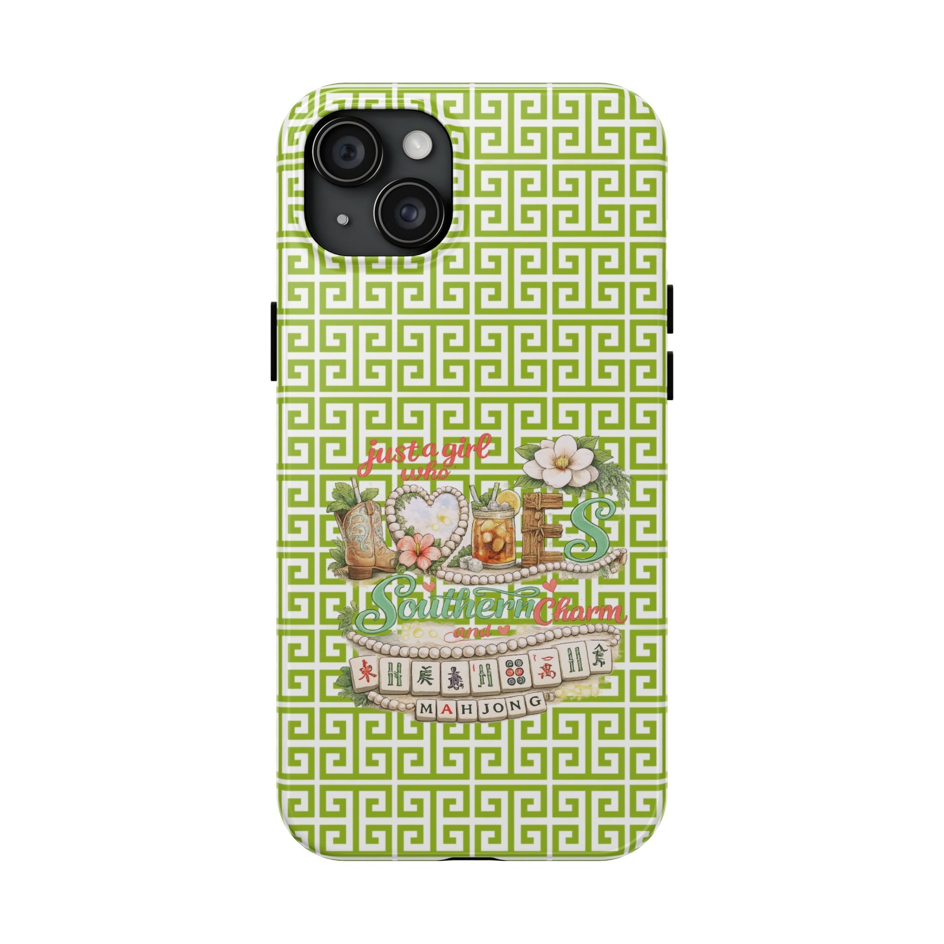 Mahjong Floral Pattern Just A Girl Who Loves Southern Charm and Mahjong Phone Case | Green Geometric Background - Splash of Color Co.