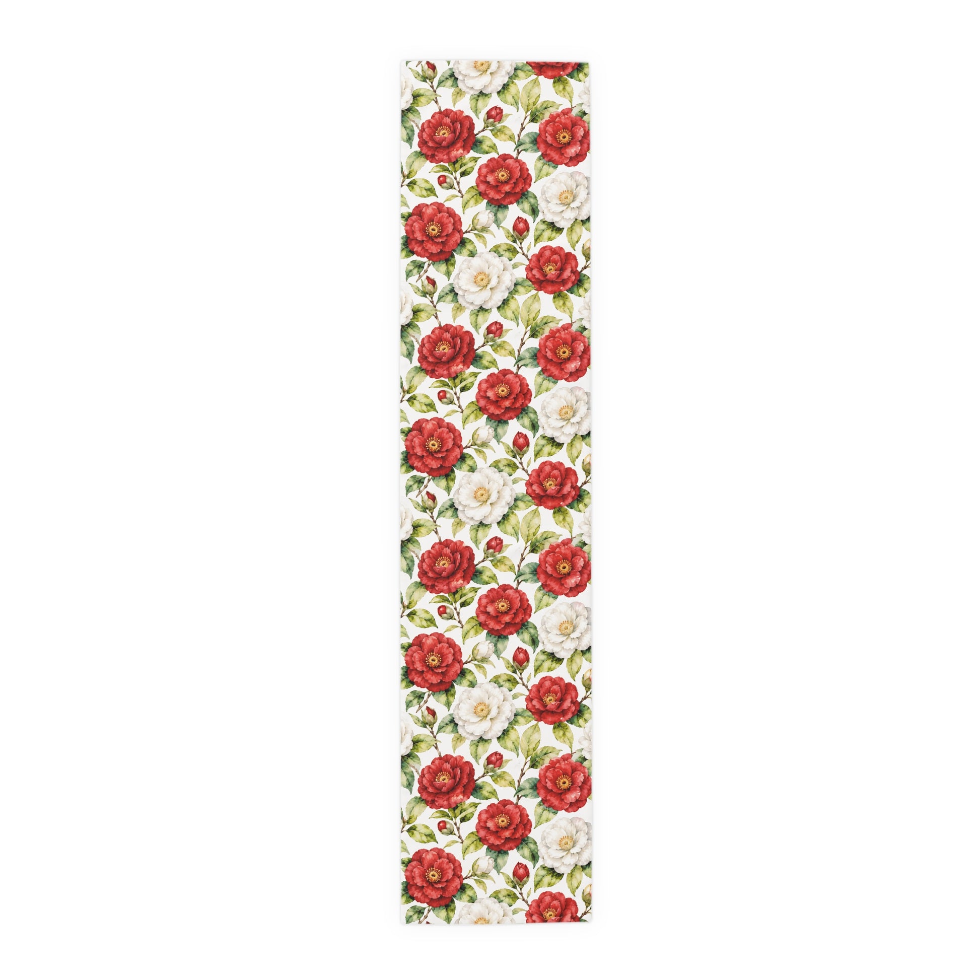 Red & White Camellia Floral Table Runner — Decorative Cotton - Poly Dining Accent - Splash Of Mahj And Color Co.