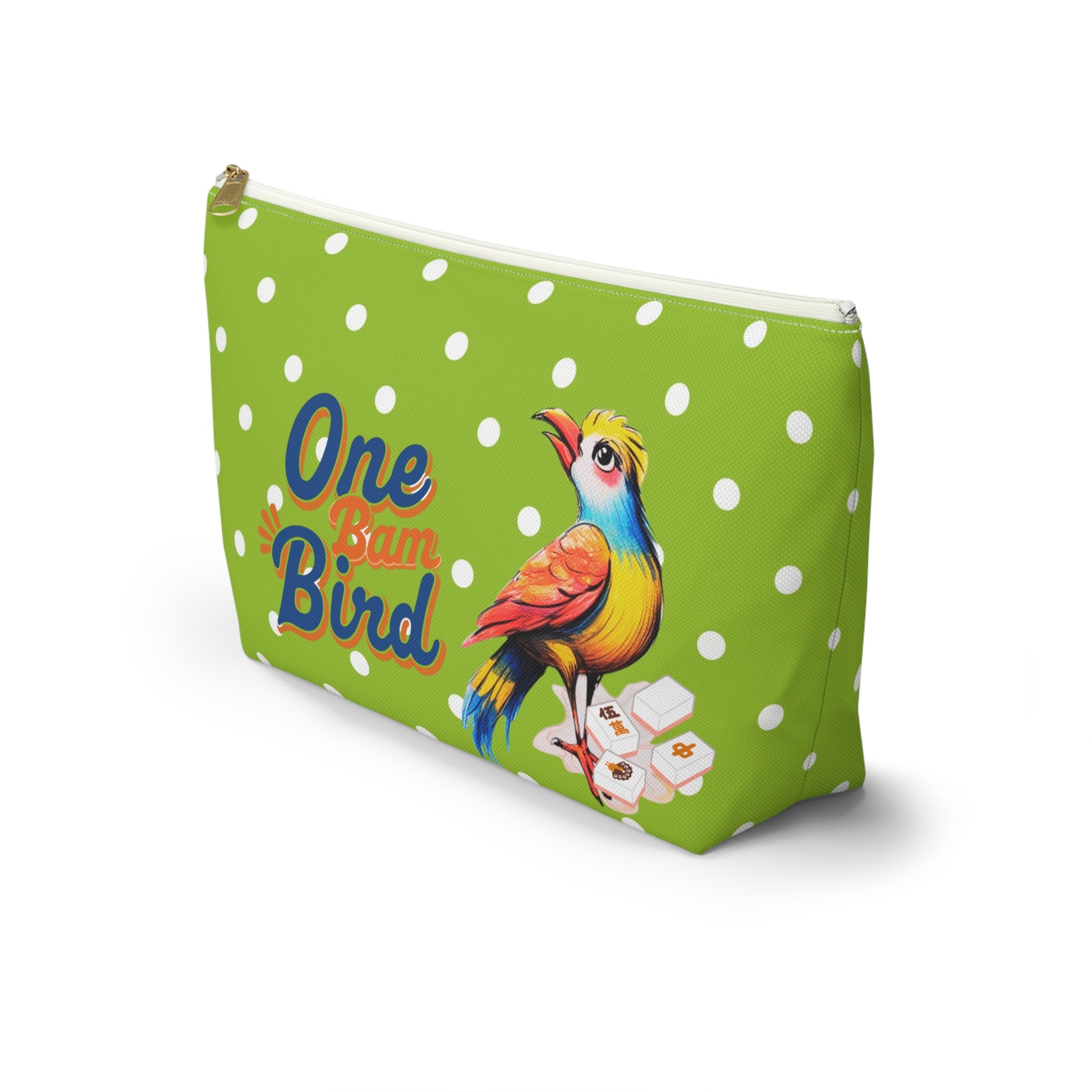 Whimsical Mahjong Tile Tote Pouch, Green Citrus Polka Dot One Bam Bird Colorful Bird Mahj Gift - Splash of Color Co.