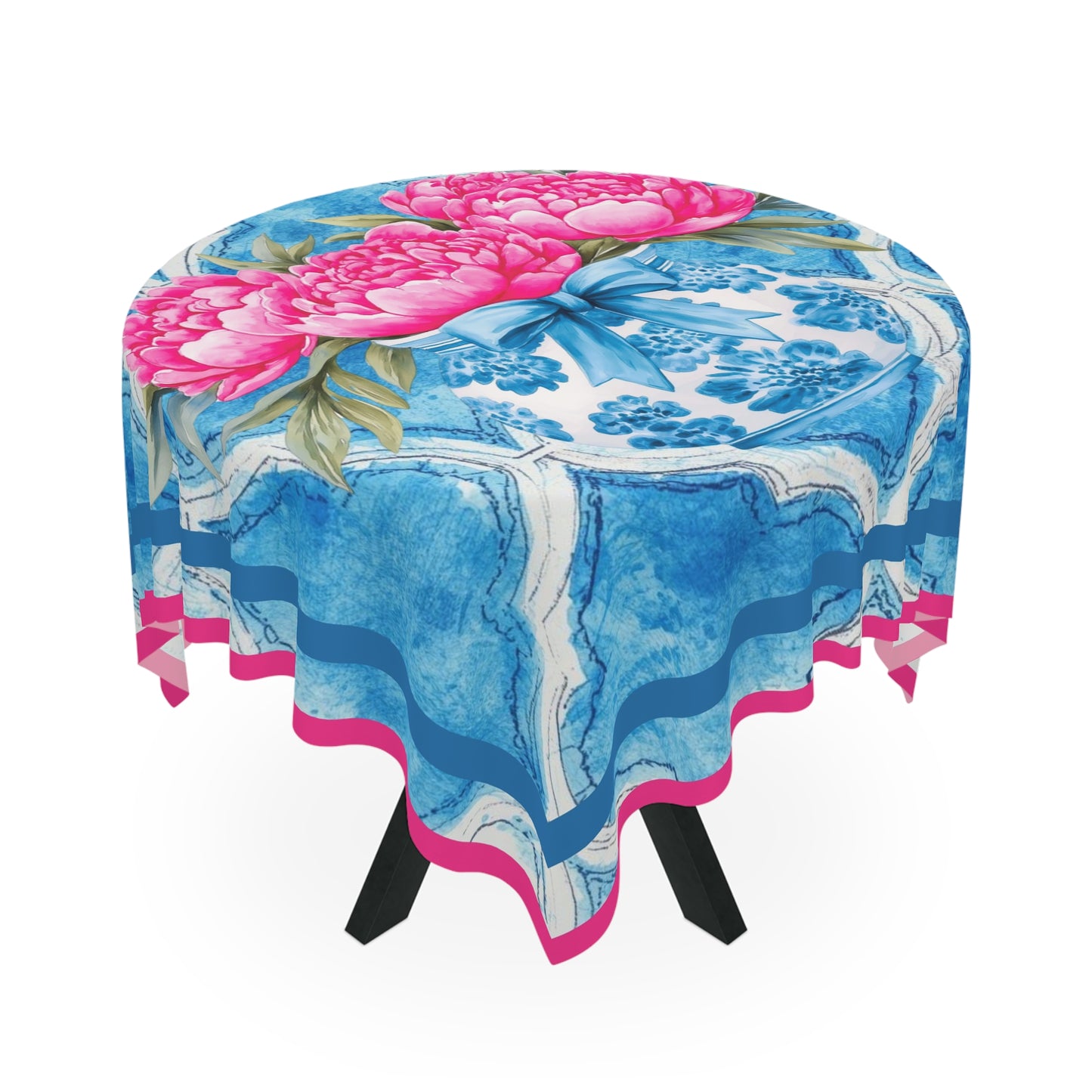 Blue Watercolor Asian Chinoiserie Tile Tablecloth With Pink Peonies - Splash of Color Co.