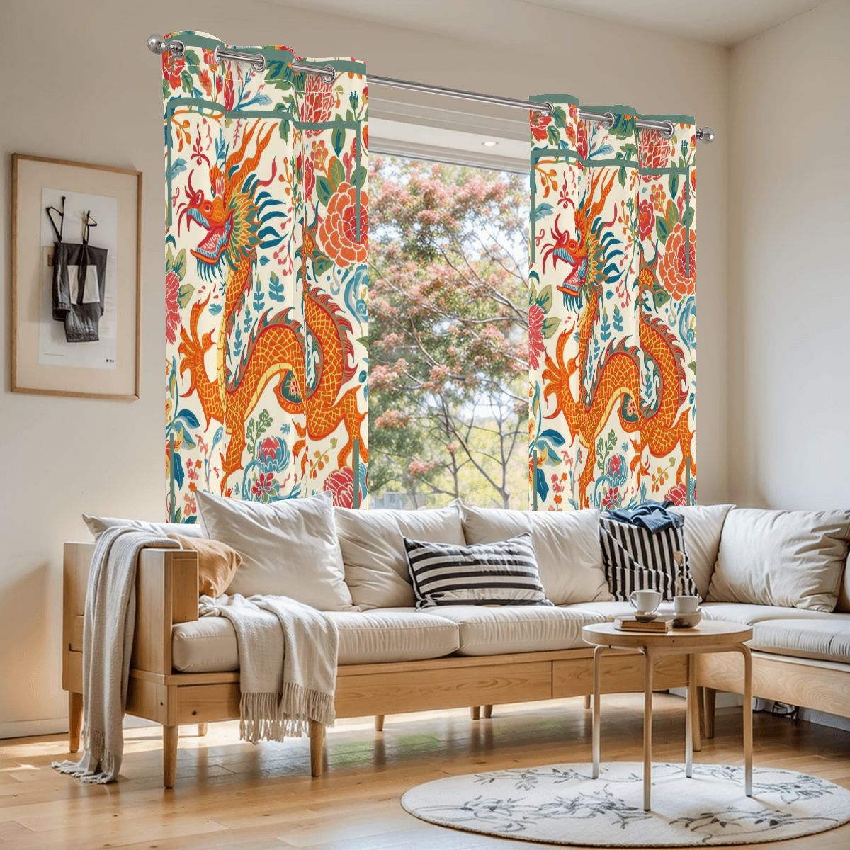 Asian Dragon, Orange Teal Chinoiserie Blackout Curtain Panels - Splash of Color Co.