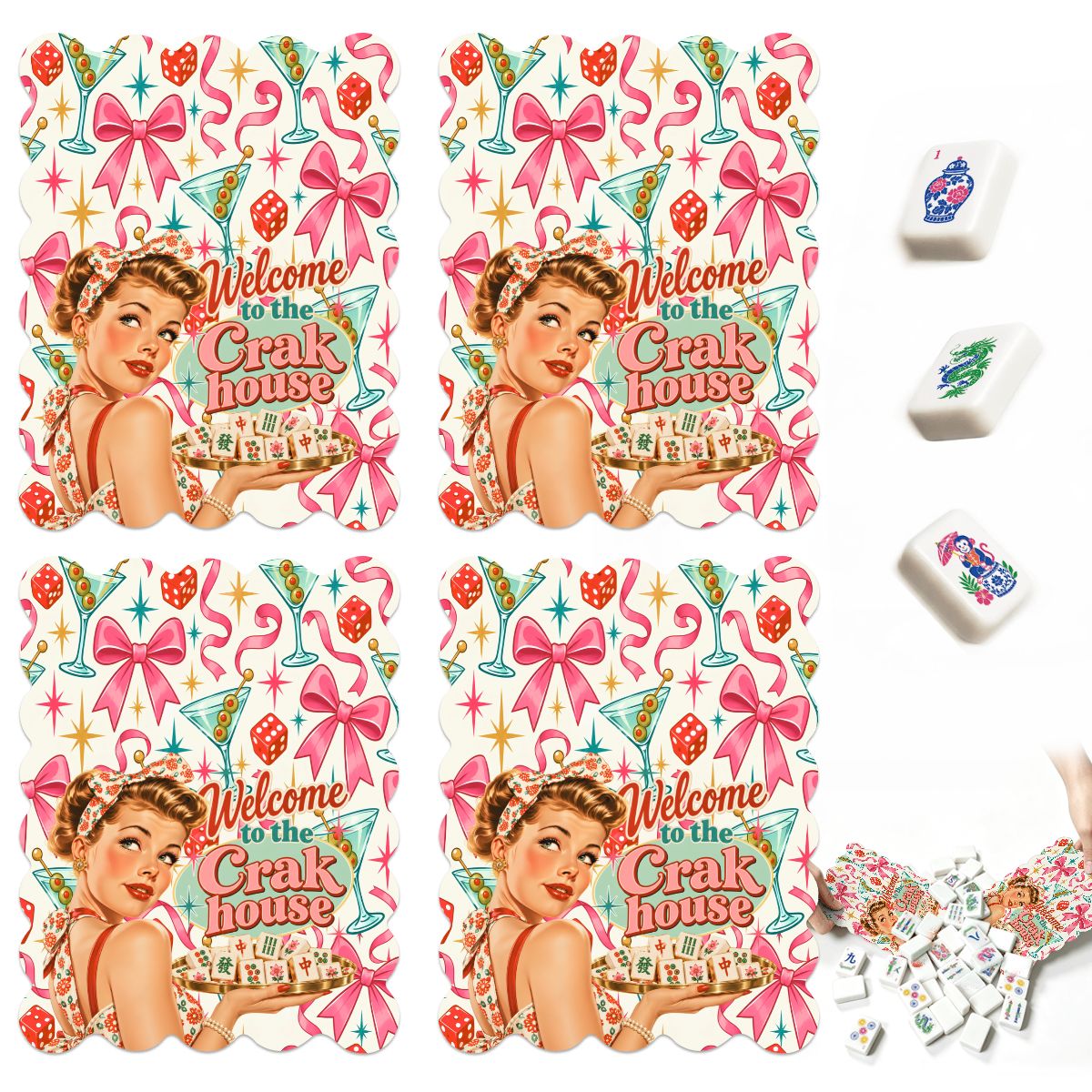 Funny Mahjong Welcome To The Crak House Nostalgic Scalloped Mahjong Shuffler Cards  Set of 4