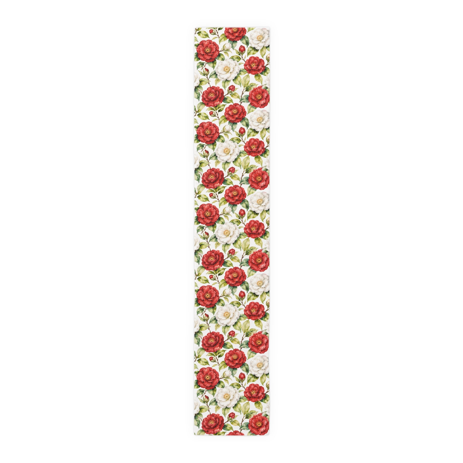 Red & White Camellia Floral Table Runner — Decorative Cotton - Poly Dining Accent - Splash Of Mahj And Color Co.