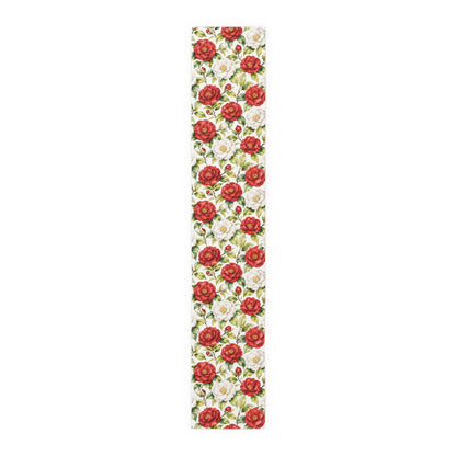 Red & White Camellia Floral Table Runner — Decorative Cotton - Poly Dining Accent - Splash Of Mahj And Color Co.