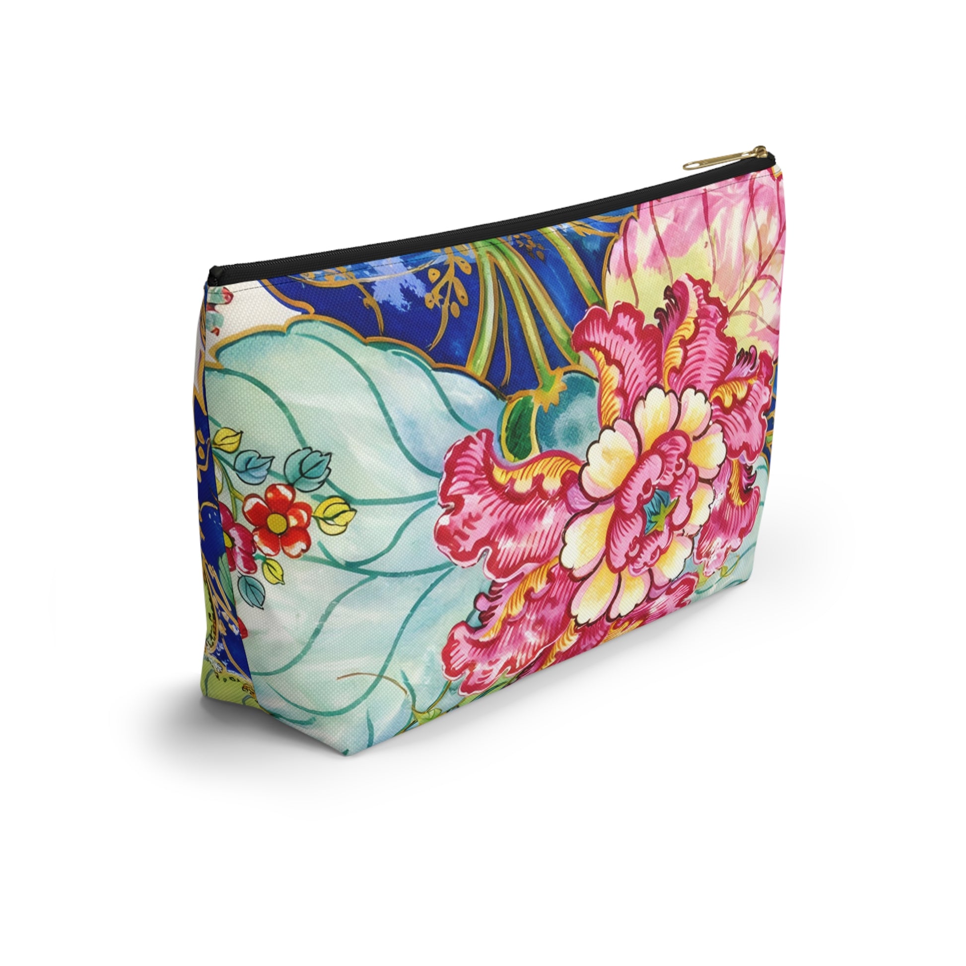 Tobacco Leaf Floral Bird Accessory Pouch — Chinoiserie Mahjong Tile Bag with T‑Bottom - Splash of Color Co.