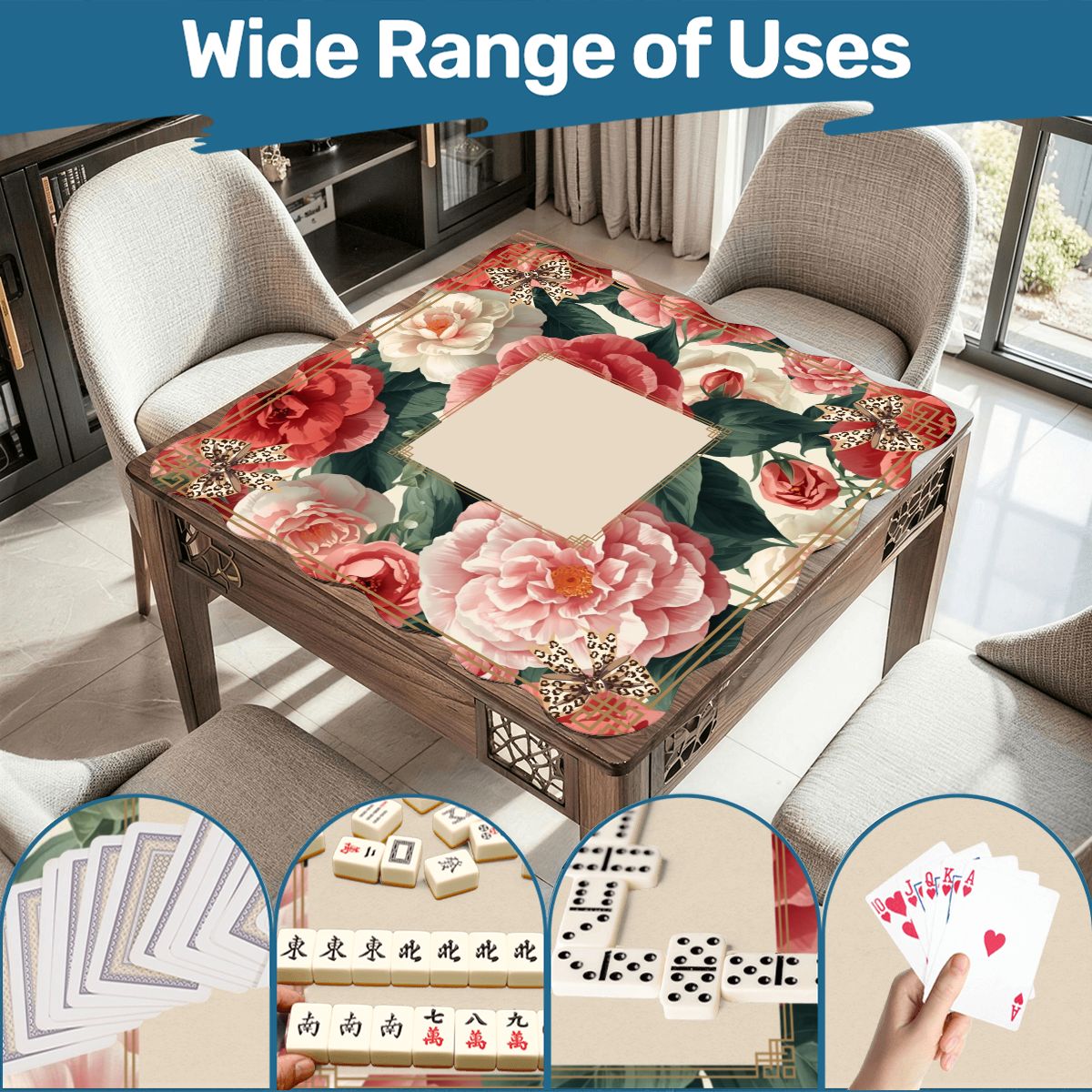 Floral Charleston Camellias Scalloped Mahjong Mat - Splash of Color Co.