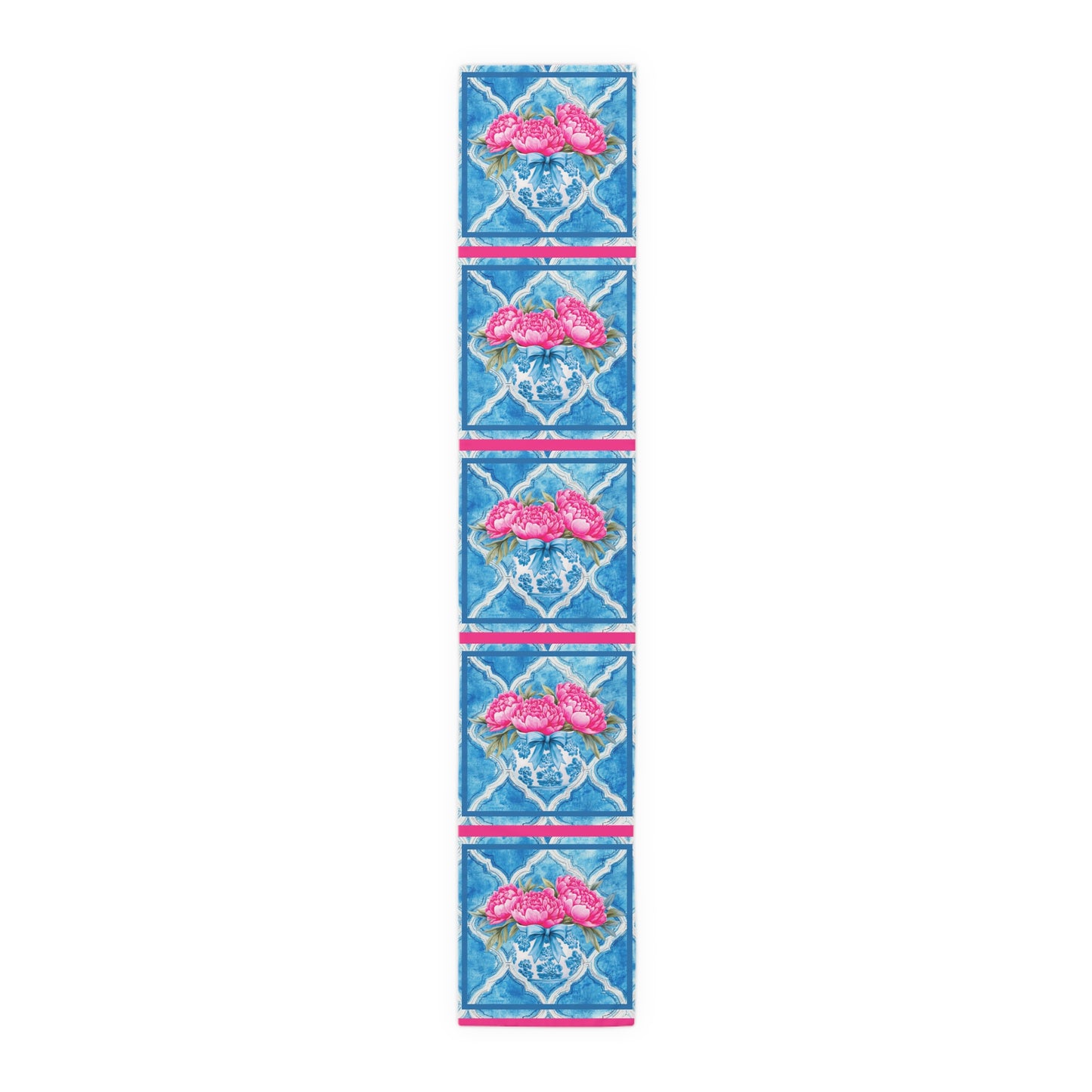 Pink Peony Floral Tile Table Runner — Blue Moroccan Watercolor Pattern - Splash of Color Co.
