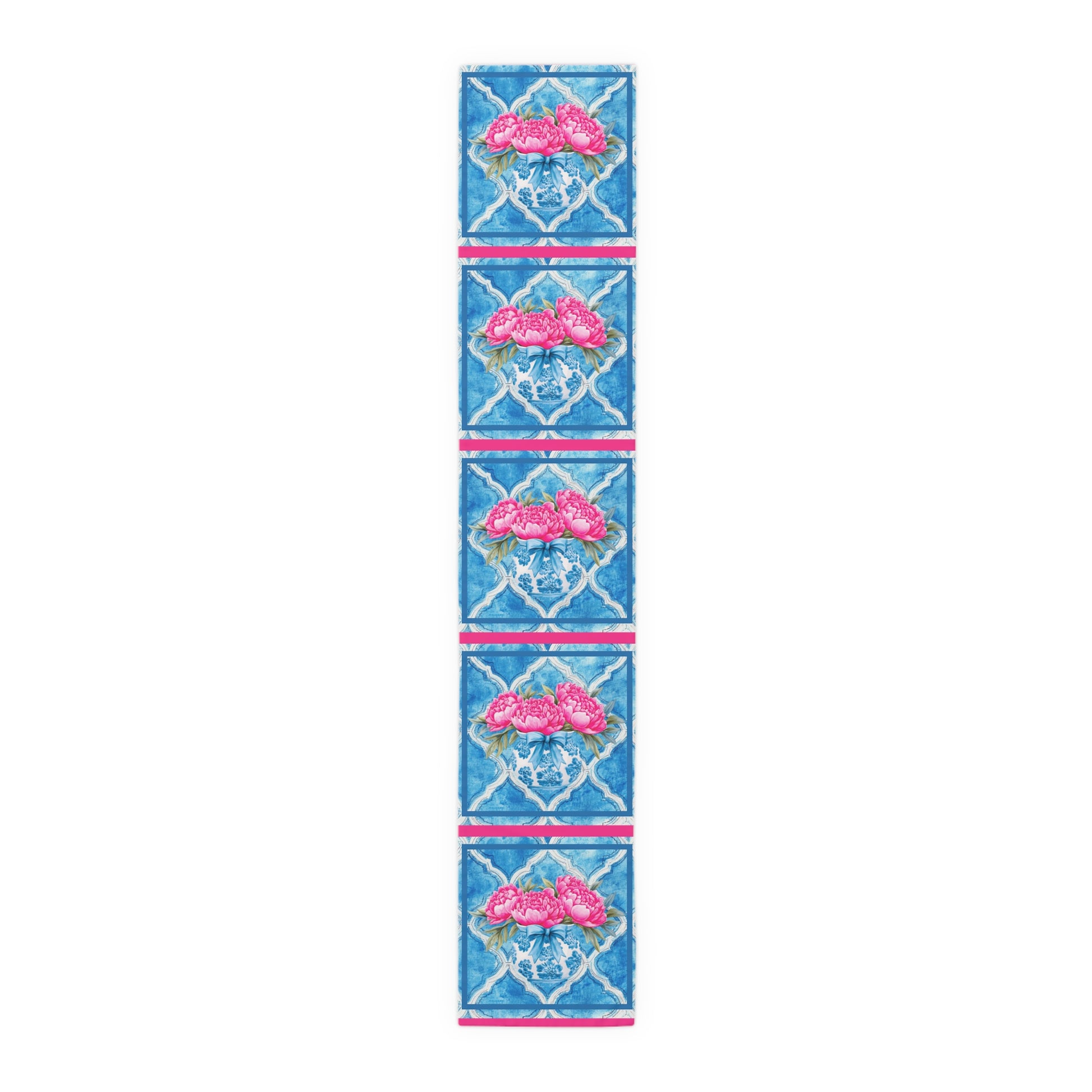 Pink Peony Floral Tile Table Runner — Blue Moroccan Watercolor Pattern - Splash of Color Co.