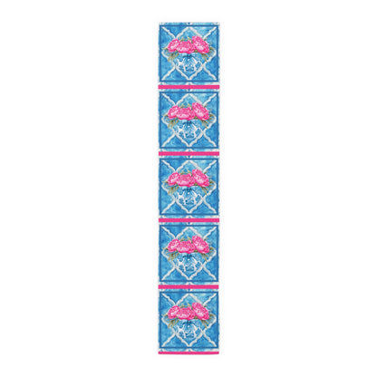 Pink Peony Floral Tile Table Runner — Blue Moroccan Watercolor Pattern - Splash of Color Co.