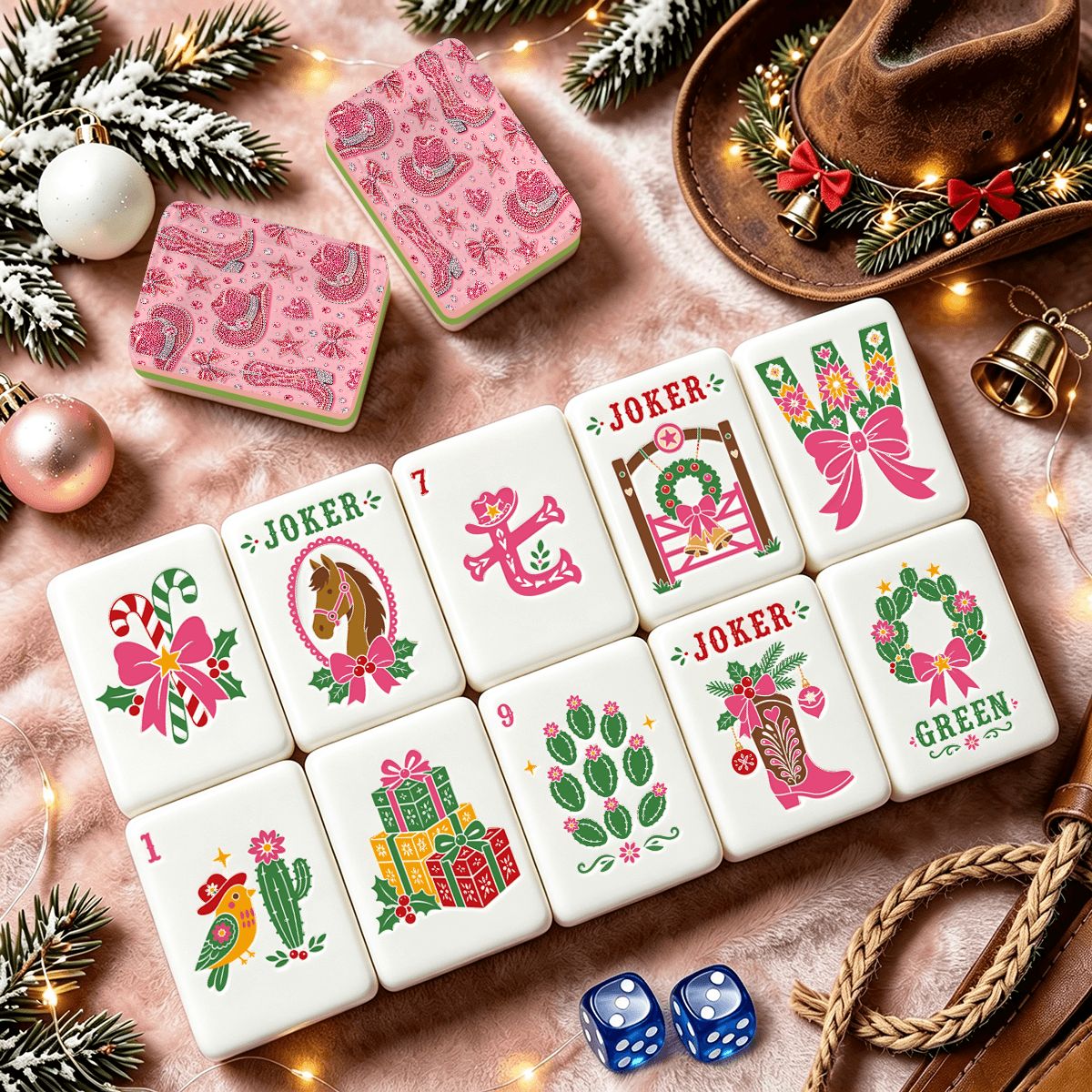 Pink Rhinestones And Bling Country Western Christmas Mahjong Tiles And Carry Case