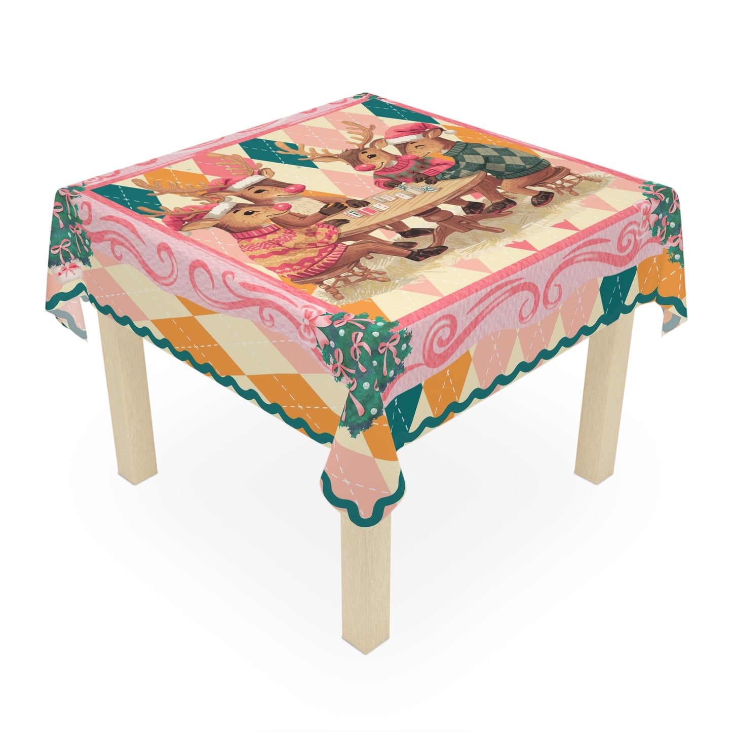 Mahjong Lover Reindeer Tablecloth, Festive Holiday Argyle Pastel Design - Splash of Color Co.