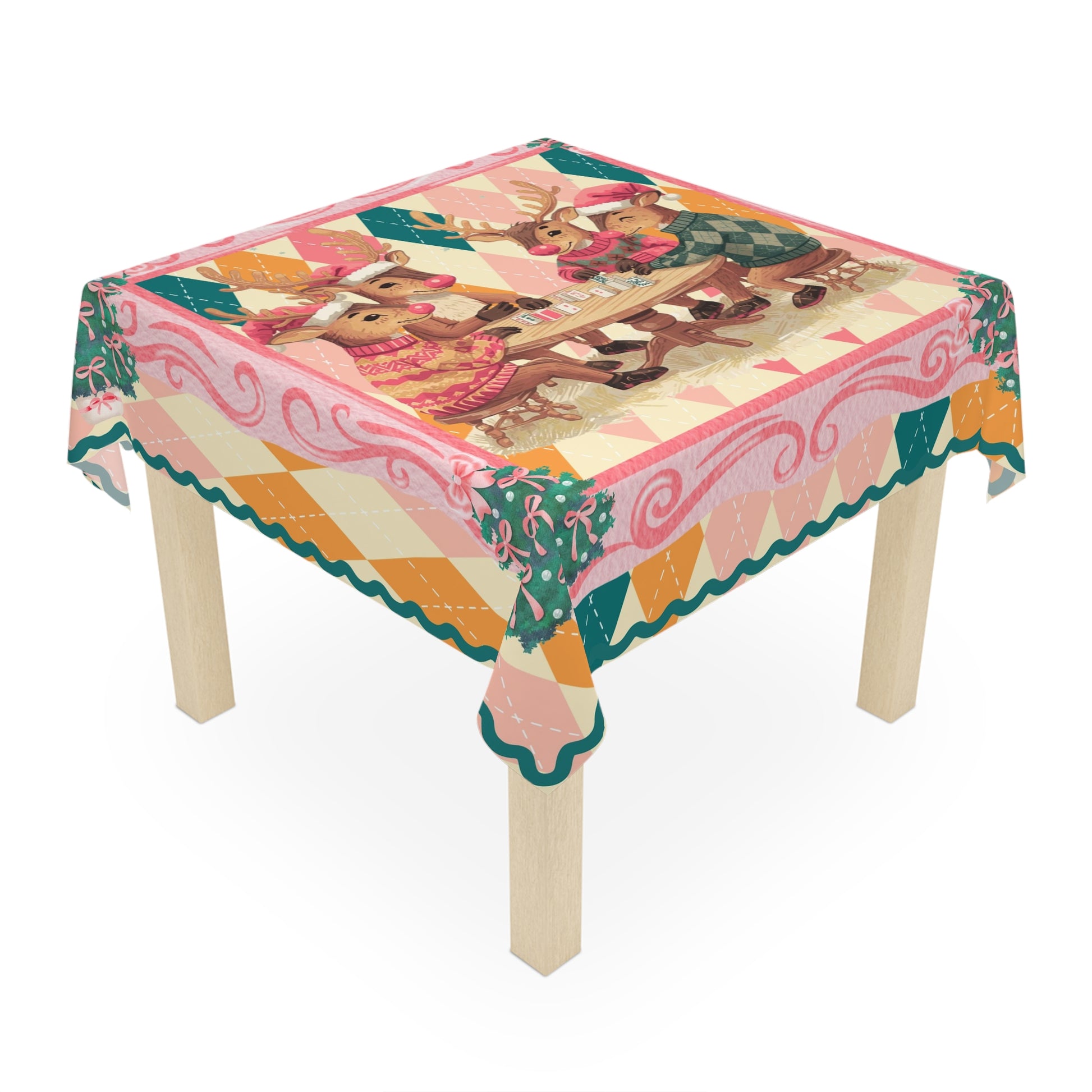 Mahjong Lover Reindeer Tablecloth, Festive Holiday Argyle Pastel Design - Splash of Color Co.