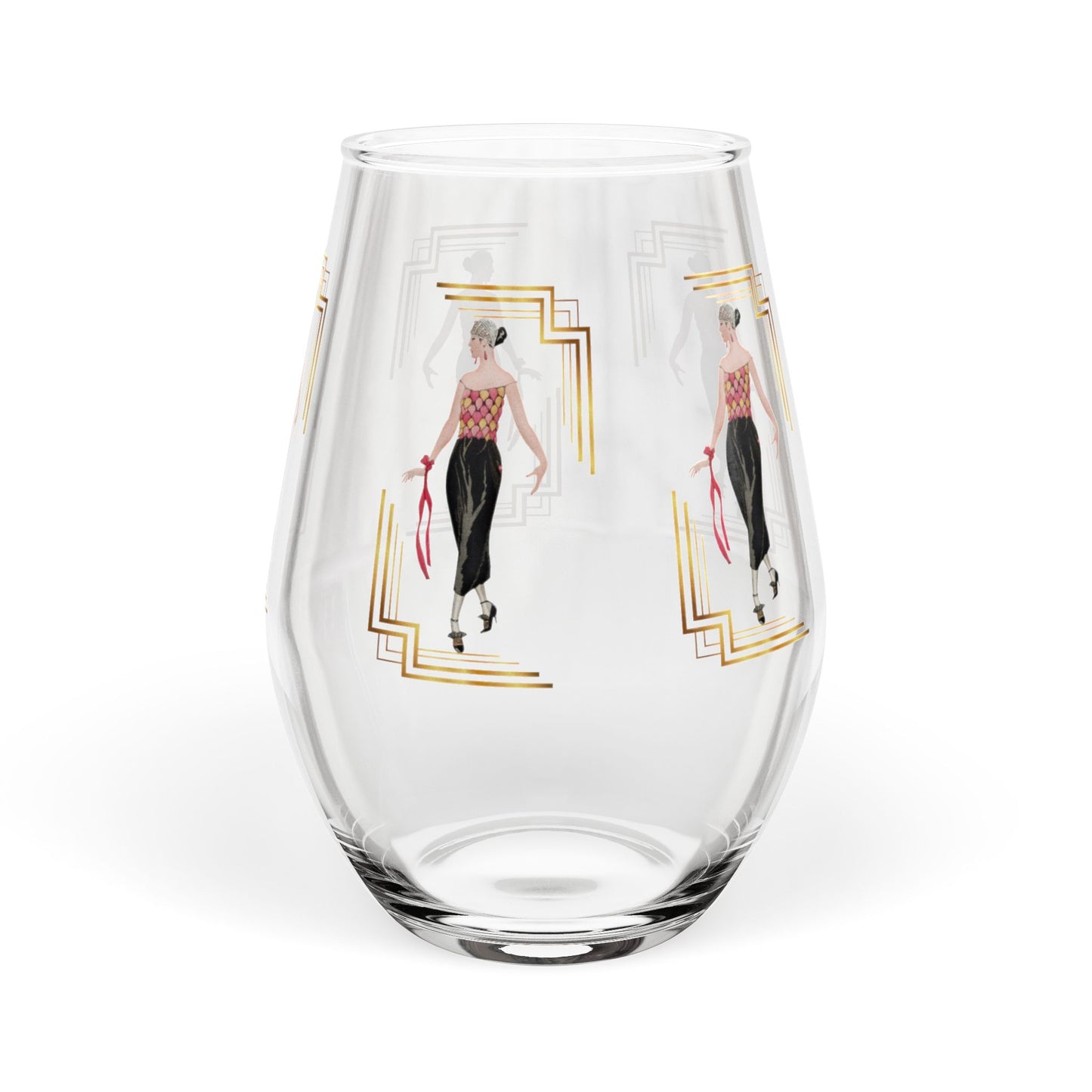 Art Deco Fashion Stemless Wine Glass - Elegant Lady Design - Splash of Color Co.