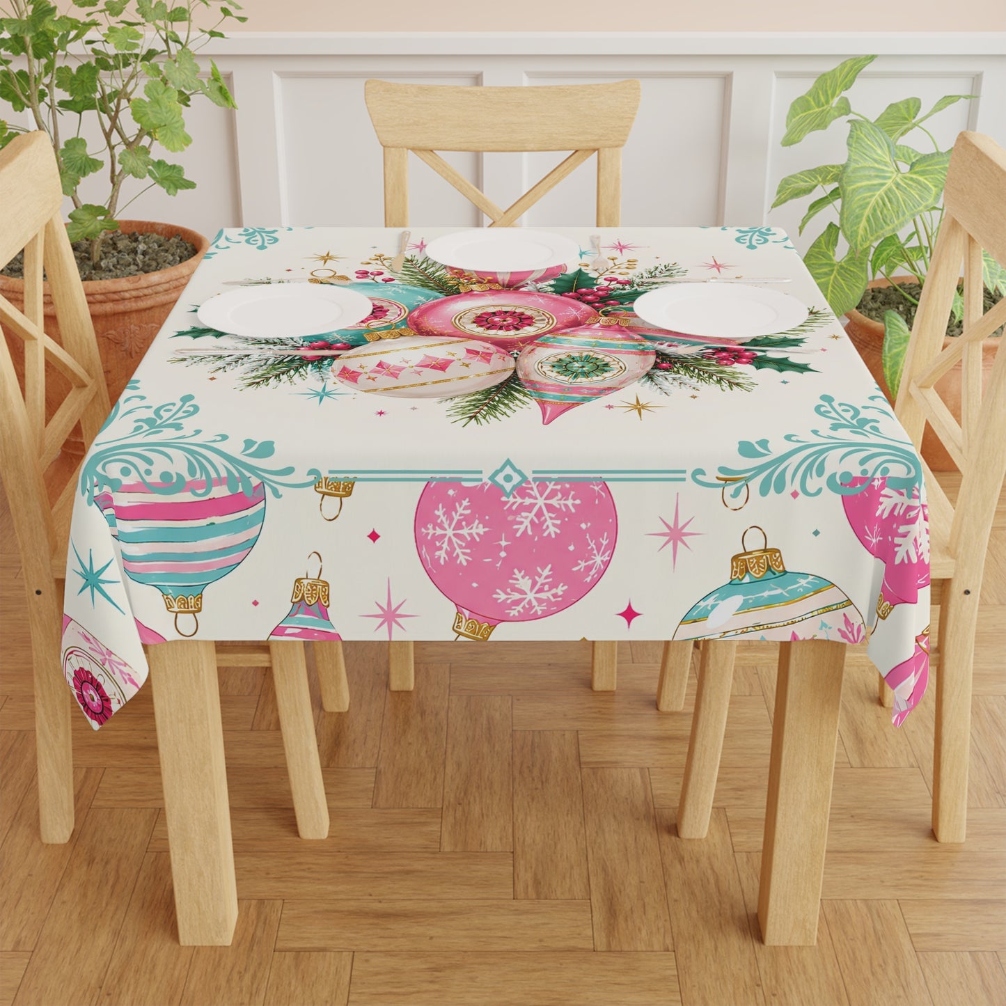 Shiny Brite Christmas Vintage Pink Teal Ornaments Holiday Tablecloth