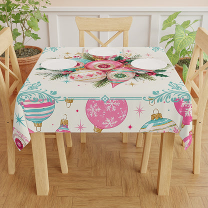 Shiny Brite Christmas Vintage Pink Teal Ornaments Holiday Tablecloth