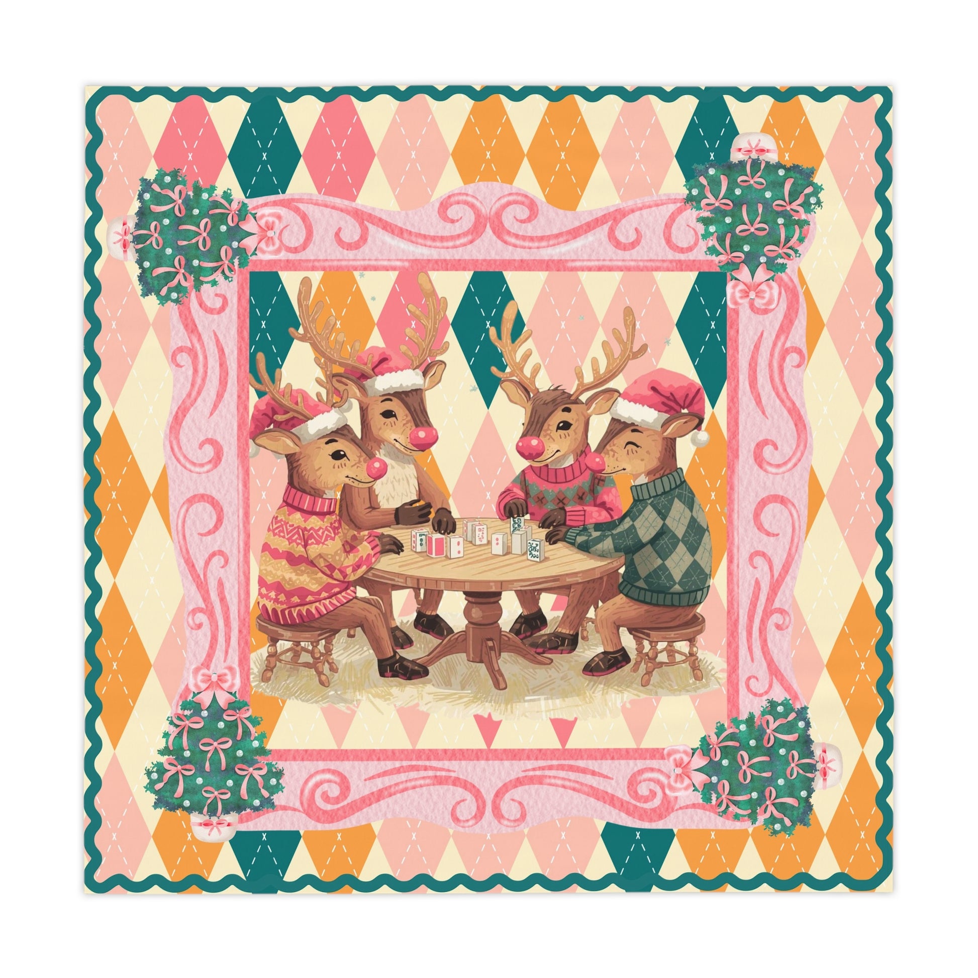 Mahjong Lover Reindeer Tablecloth, Festive Holiday Argyle Pastel Design - Splash of Color Co.