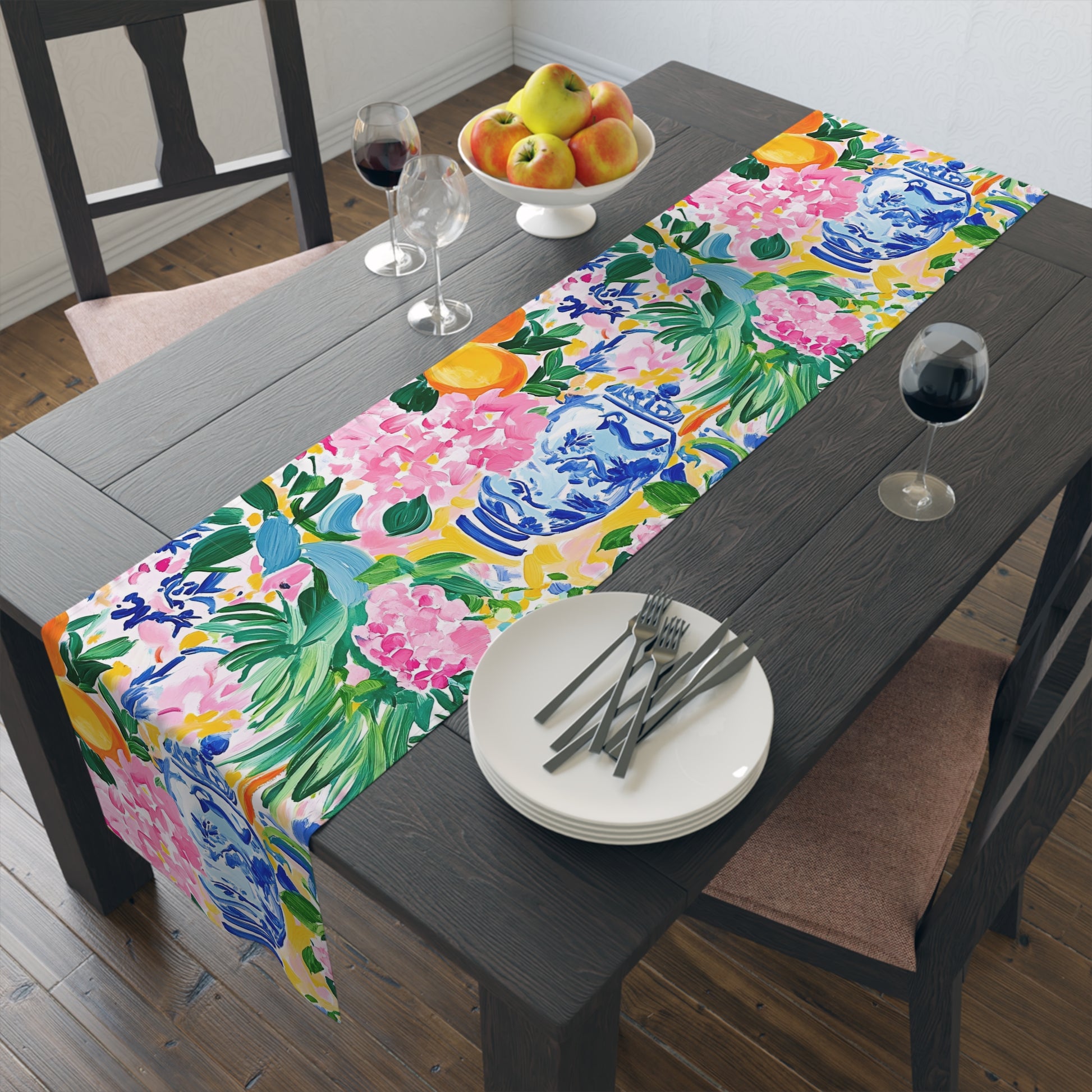 Chinoiserie Citrus Floral Vibrant Table Runner with Classic Vases - Splash of Color Co.