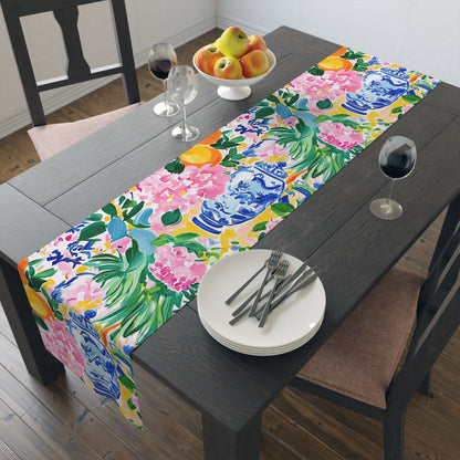 Chinoiserie Citrus Floral Vibrant Table Runner with Classic Vases - Splash of Color Co.