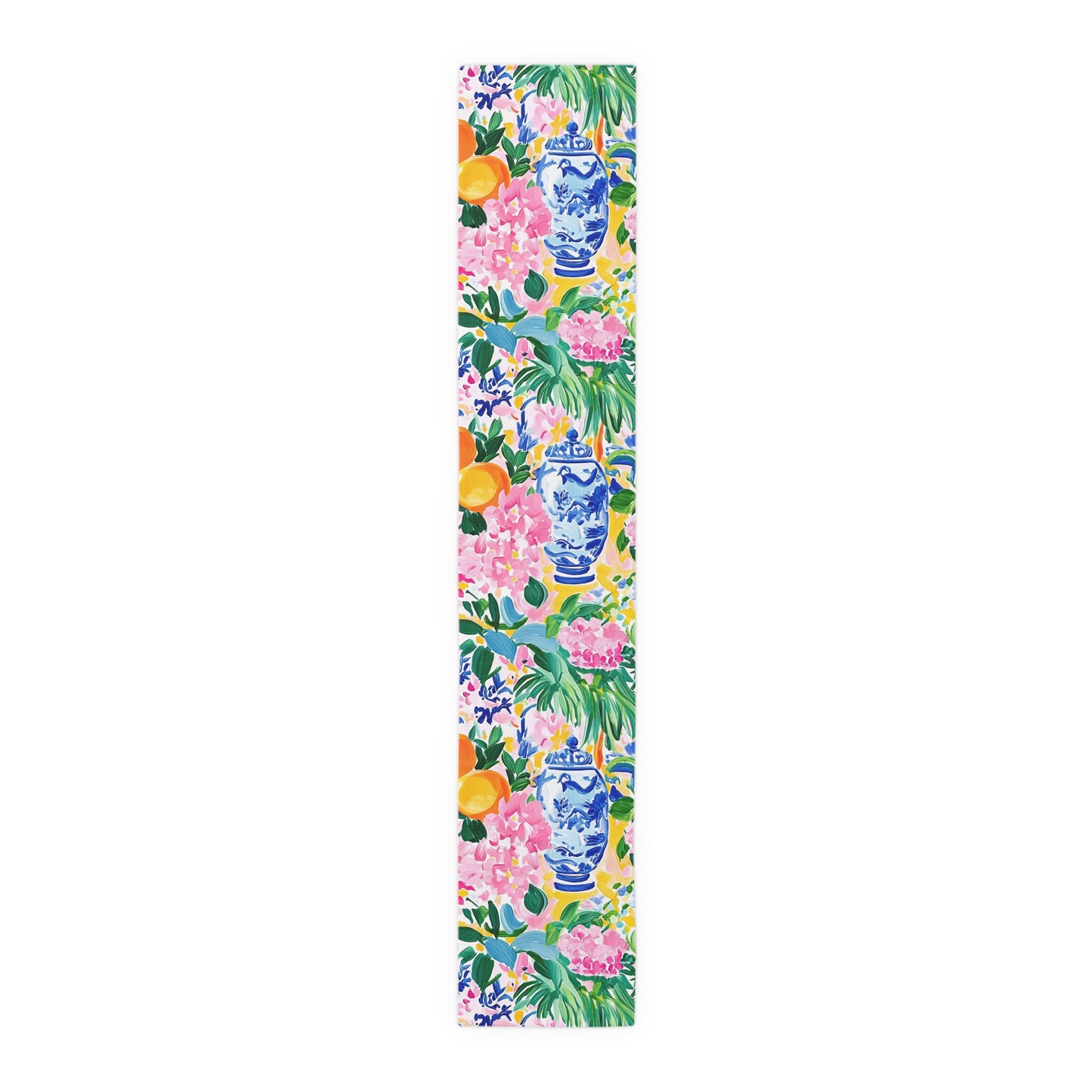 Chinoiserie Citrus Floral Vibrant Table Runner with Classic Vases - Splash of Color Co.