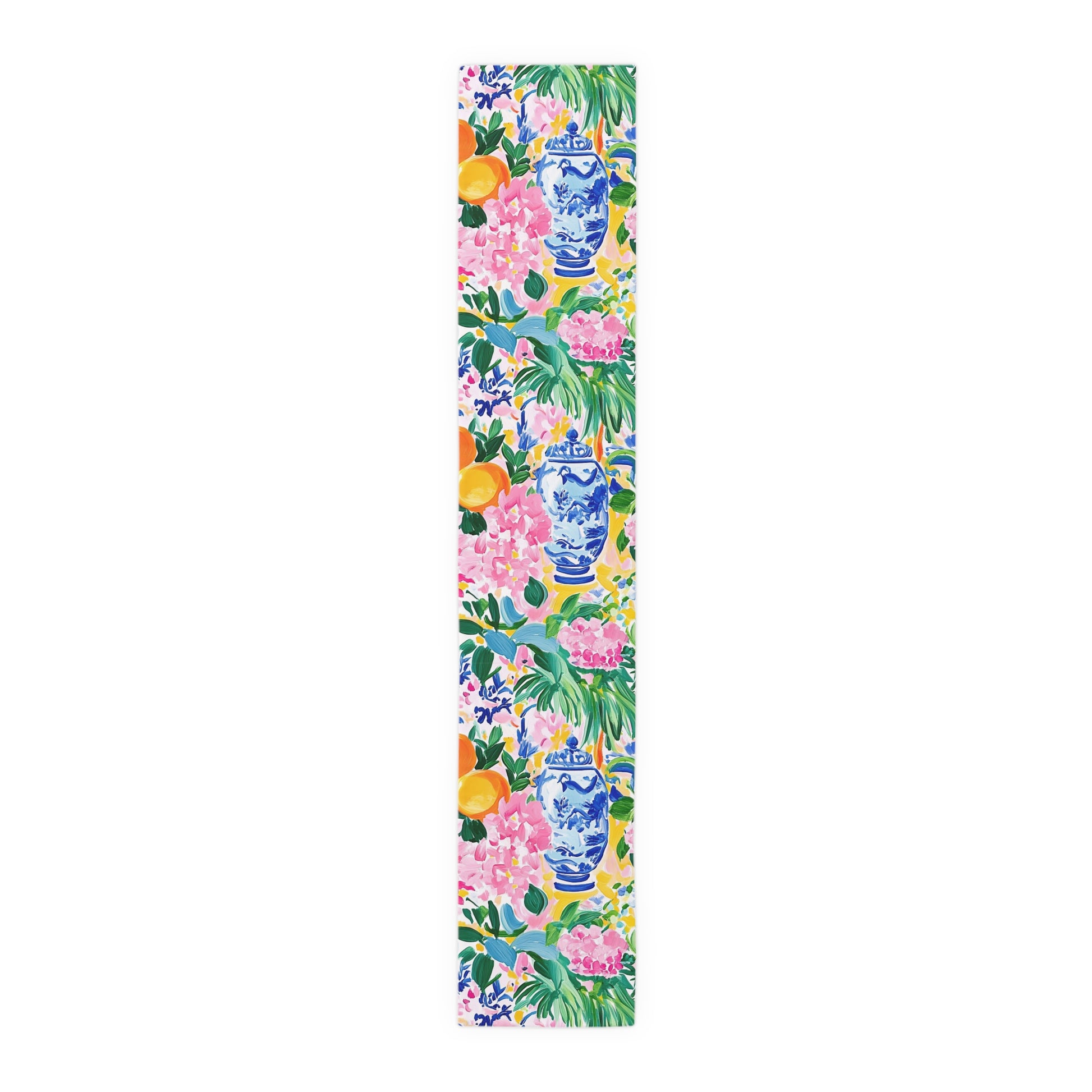 Chinoiserie Citrus Floral Vibrant Table Runner with Classic Vases - Splash of Color Co.