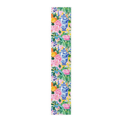 Chinoiserie Citrus Floral Vibrant Table Runner with Classic Vases - Splash of Color Co.