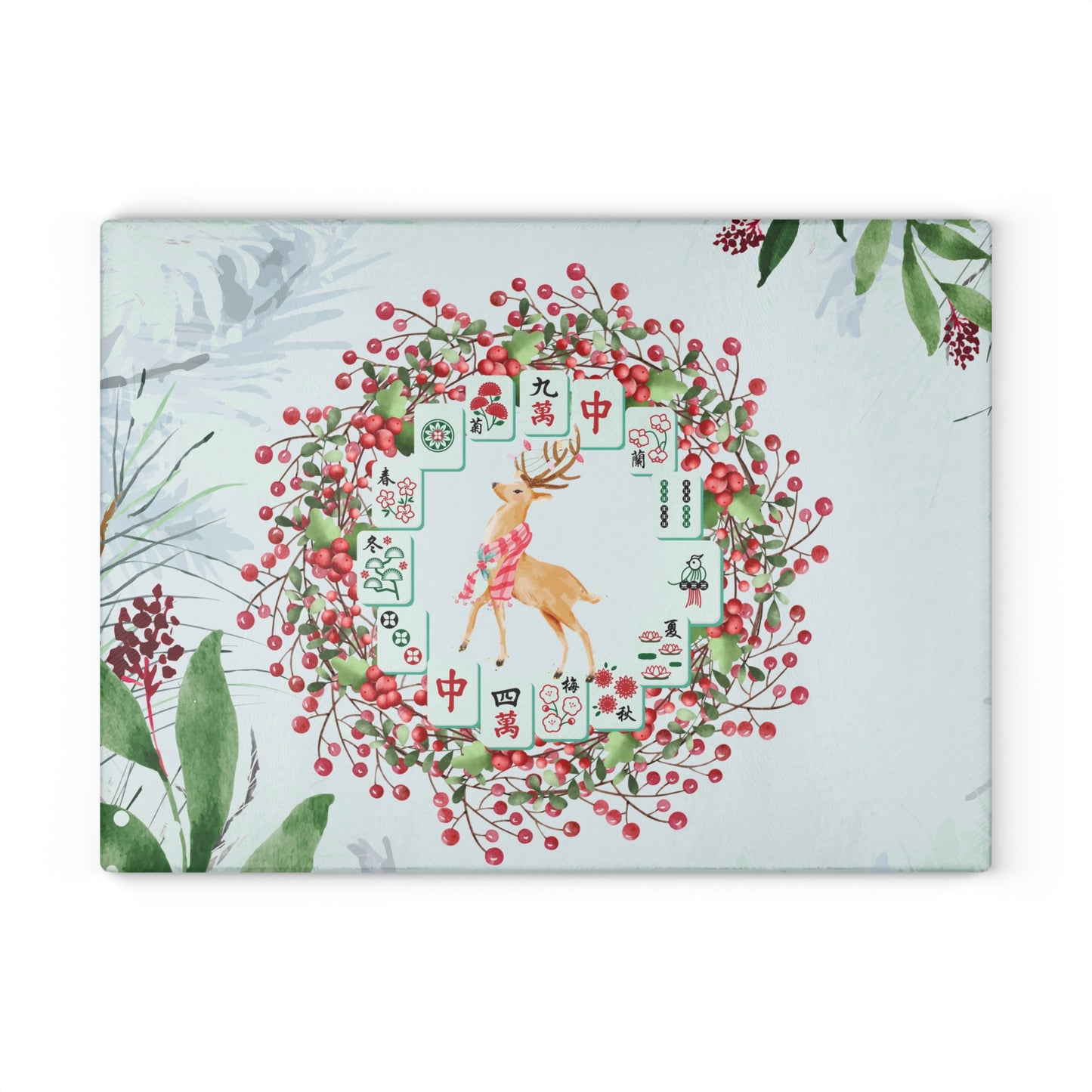 Mahjong Christmas Chacuterie Board, Festive Deer Glass Cutting Board
