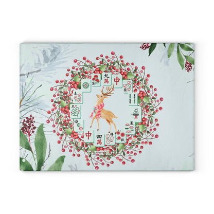 Mahjong Christmas Chacuterie Board, Festive Deer Glass Cutting Board