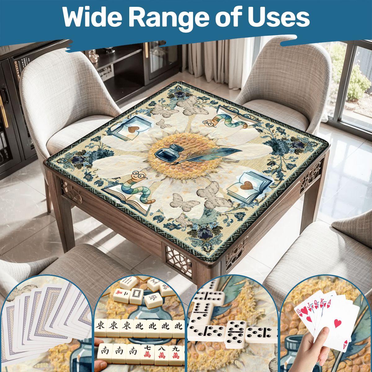 Once Upon A Mahjong Ink And Ivory Faux Embroidered Book Worm Mahjong Mat - Splash of Color Co.