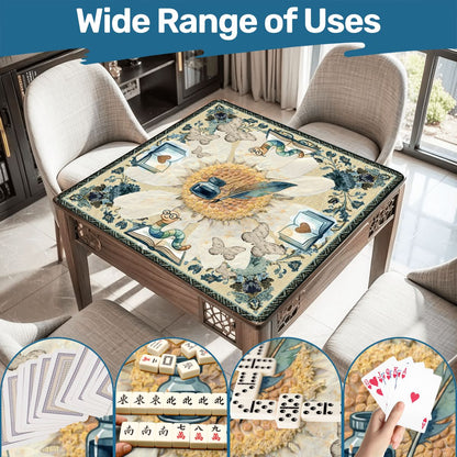 Once Upon A Mahjong Ink And Ivory Faux Embroidered Book Worm Mahjong Mat - Splash of Color Co.