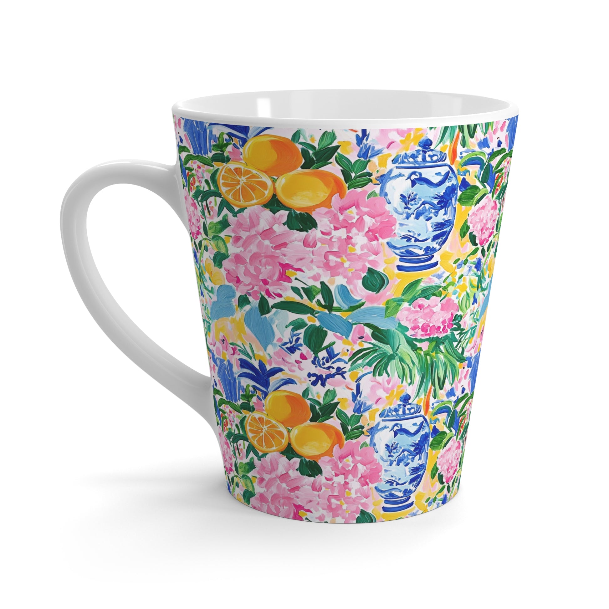 Floral Citrus Latte Mug – Pink Hydrangea & Blue Ginger Jar Pattern - Splash of Color Co.