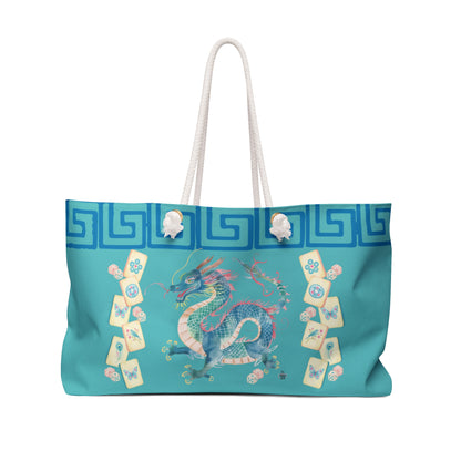Turquoise Floral Watercolor Dragon Mahjong Tile Bag — Spacious Travel Tote with Asian - Inspired Motif - Splash of Color Co.