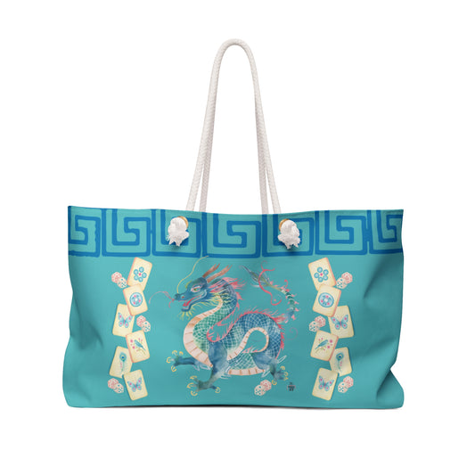 Turquoise Floral Watercolor Dragon Mahjong Tile Bag — Spacious Travel Tote with Asian - Inspired Motif - Splash of Color Co.